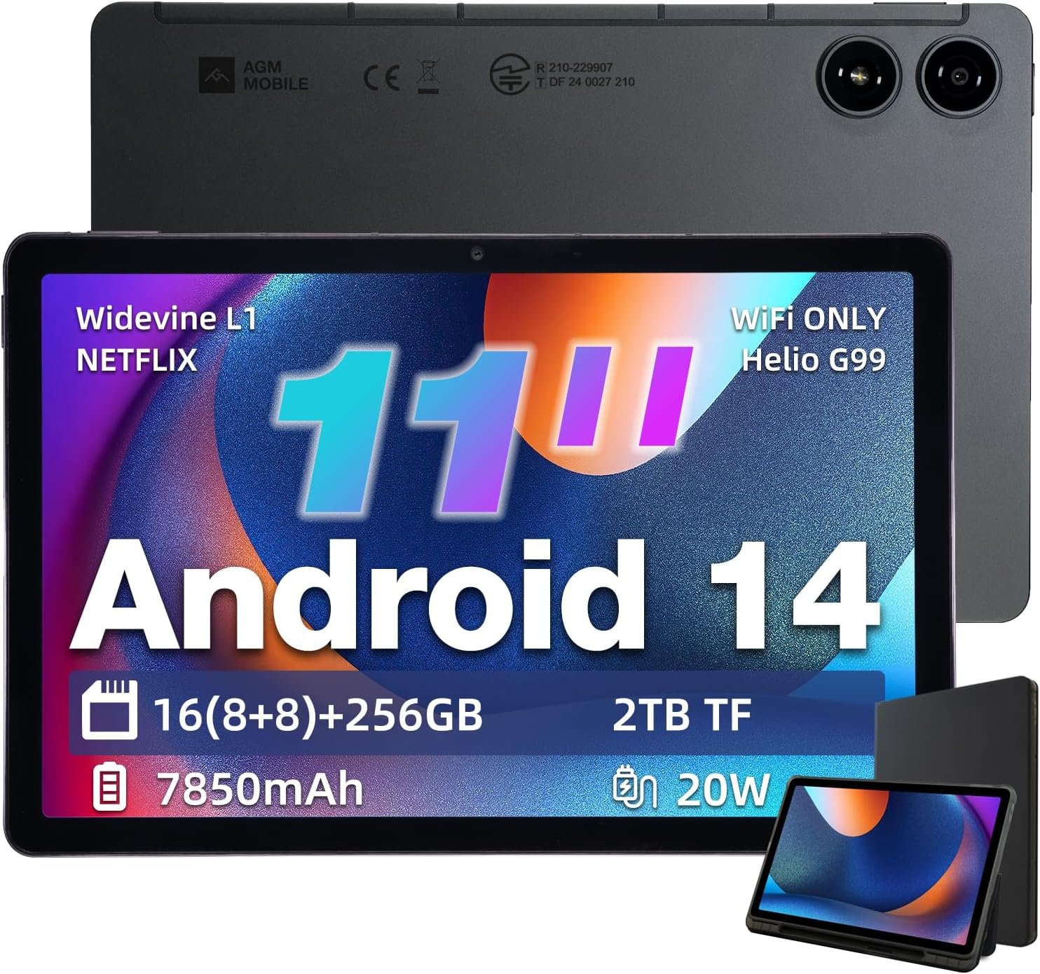 AGM PAD P2 Android 14 Tablet, 11 inch FHD IPS Display, 1200X1920, MTK G99, w/Widevine L1 Certification, Quad Box Stereo Speakers, 7850mAh, 16(8+8) + 256GB[Expandable to 2TB], GPS, Compass, OTG, WiFi