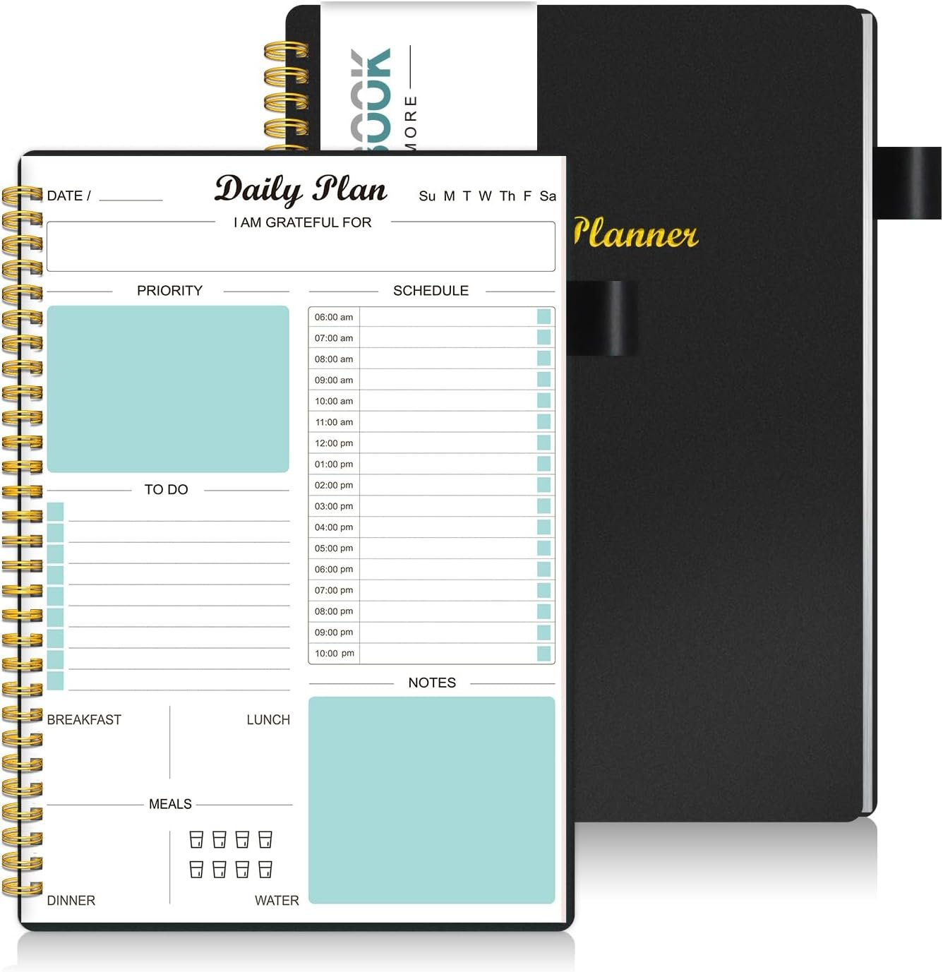 Daily Planner Undated, To Do List Notebook with Hourly Schedule Calendars Meal, Spiral Appointment Organizers Notebook for Man/Women, Pocket, Pen Loop, 160 Pages (5.5×8.5″)