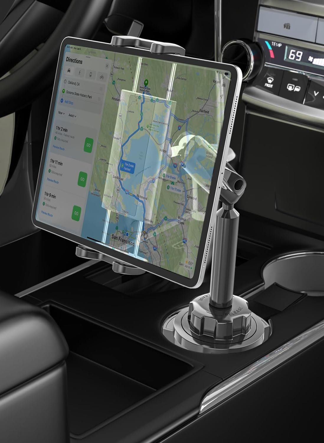 Metal Arm Cup Holder Car Tablet Mount, 720 ° Rotation Cupholder Tablet & Phone Stand Compatible with iPad Pro Air Mini iPhone 15/14/ 13/12 Max Pro and 4.7-12.9 inch Mobile Phone Tablet