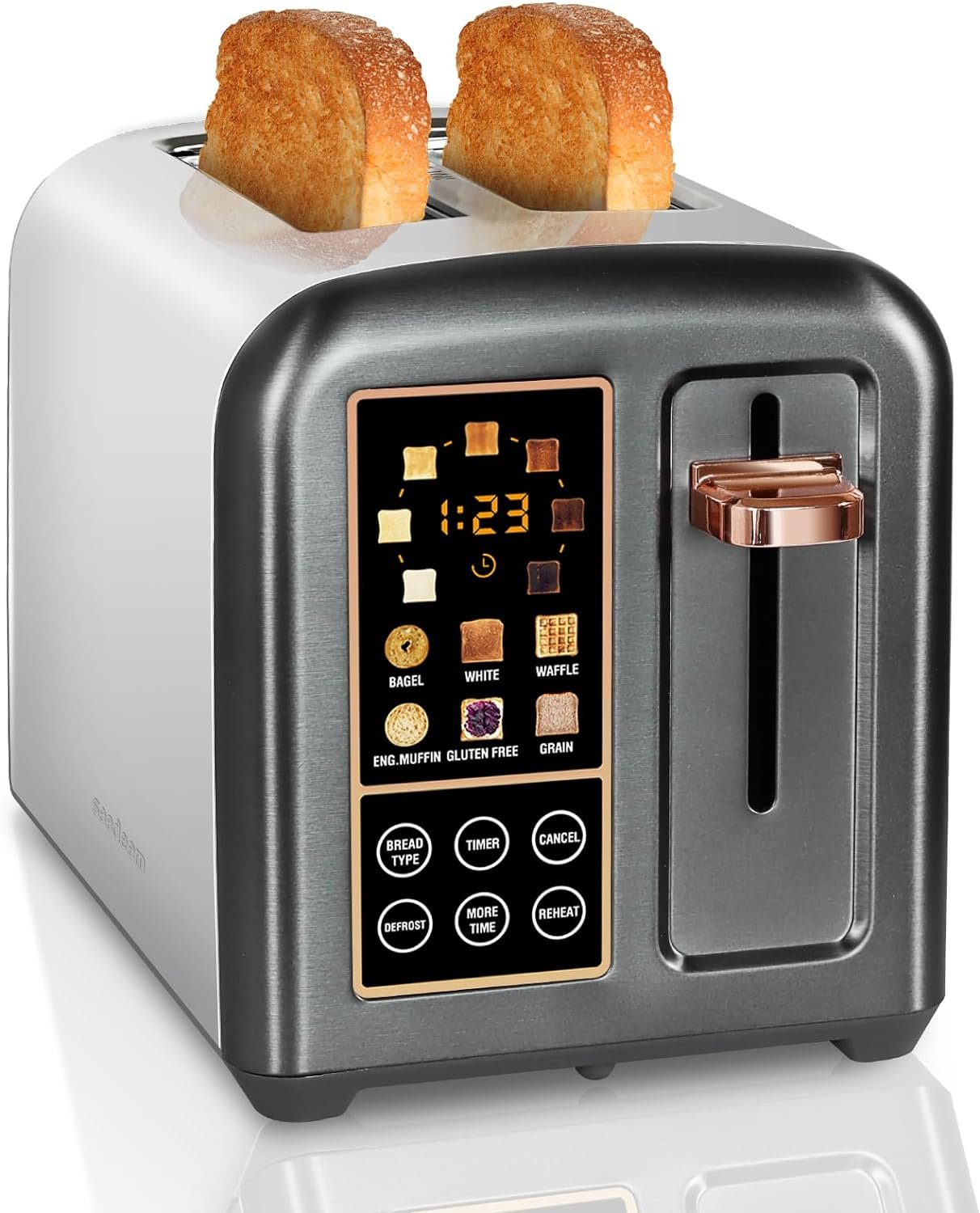 SEEDEEM Toaster 2 Slice, Stainless Toaster LCD Display&Touch Buttons, 50% Faster Heating Speed, 6 Bread Selection, 7 Shade Setting, 1.5”Wide Slot, Removable Crumb Tray, 1350W, Dark Metallic