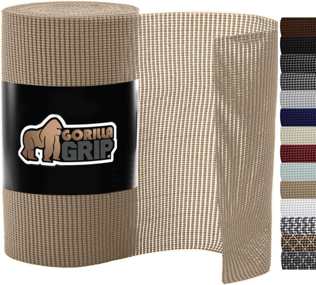 Gorilla Grip Drawer Shelf and Cabinet Liner, Thick Strong Grip, Non-Adhesive Liners Protect Kitchen Cabinets and Cupboard, Bathroom Drawers, Easy Install, Breathable Mat, 12″ x20′, Beige
