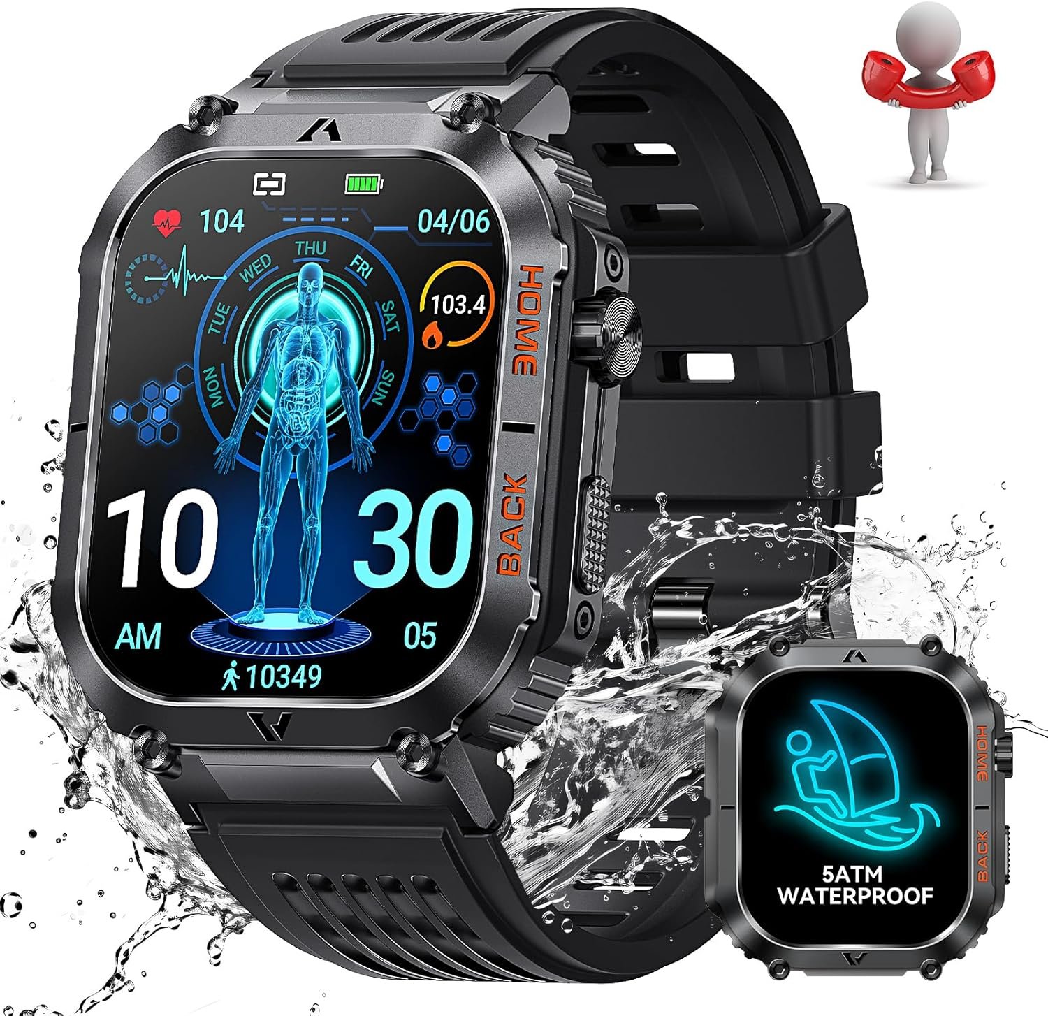 Military Smart Watch for Men 5ATM Waterproof with Call 2.02″ Large Screen Rugged Outdoor Tactical Smartwatch with Compass Fitness Watch with Heart Rate Blood Pressure Monitor for iPhone Android Phone