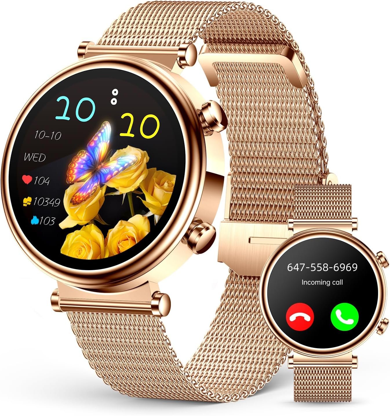 Smart Watches for Women (Answer/Make Calls), 1.27″ AMOLED Screen Fitness Tracker, Heart Rate/Sleep Monitor, IP68 Waterproof Petite Watch for Women, Round Smartwatch for Android iPhone