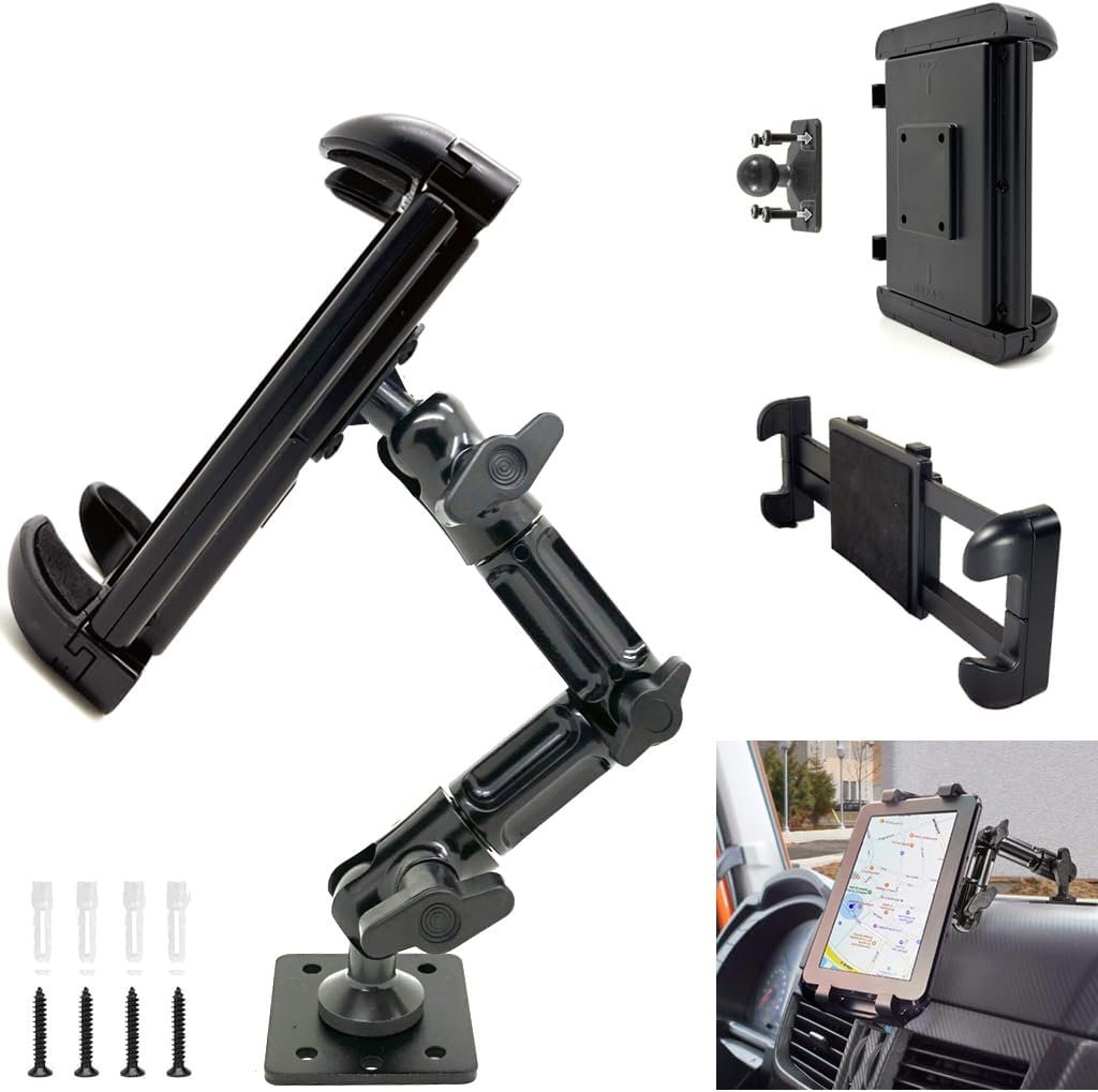 Industrial Metal Drill Base Tablet/Smartphone Mount w/8″ Alloy ELD AMPS Drill Arm- iPad Holder for wall or truck Fleet Compatible with iPad Pro Air Mini 12.9, Galaxy S, Surface Pro, Smartphone