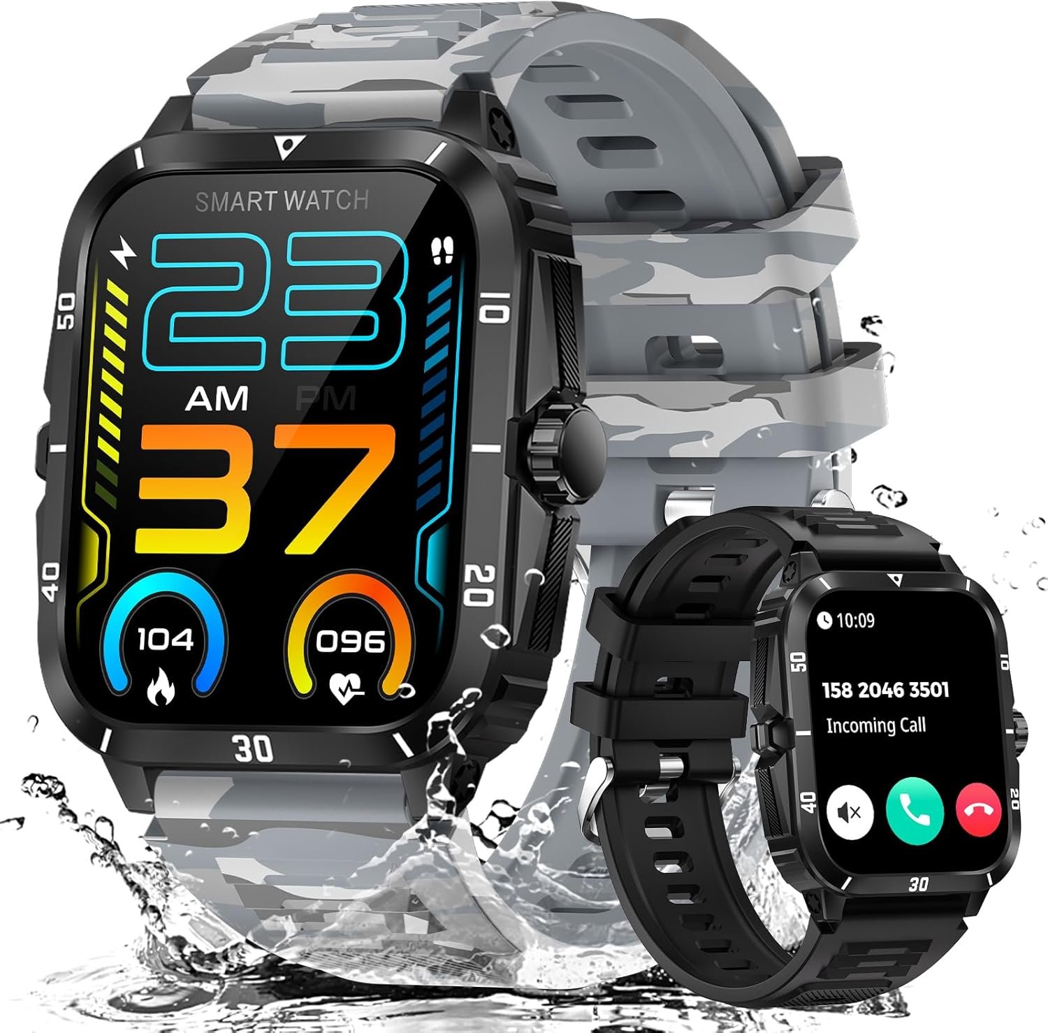 Military Smart Watch for Men 3ATM Waterproof Watch 2.0” Big Screen Tactical Smartwatch 430mAh Fitness Tracker with Heart Rate Sleep Monitor Outdoor Answer Call for iPhone Android (Grey Camouflage)