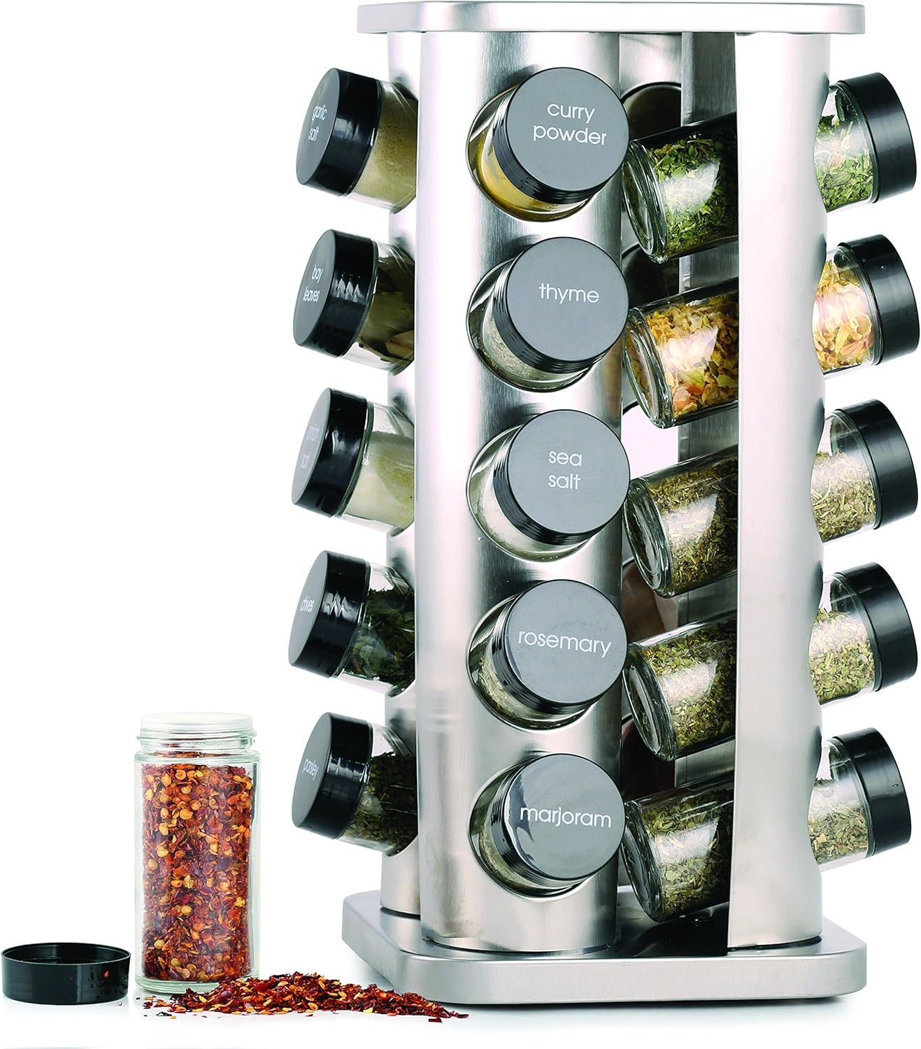 Orii 20 Jar Spice Rack with Spices Included – Revolving Tower Organizer for Kitchen Spices and Seasonings, Free Spice Refills for 5 Years (Stainless Steel)