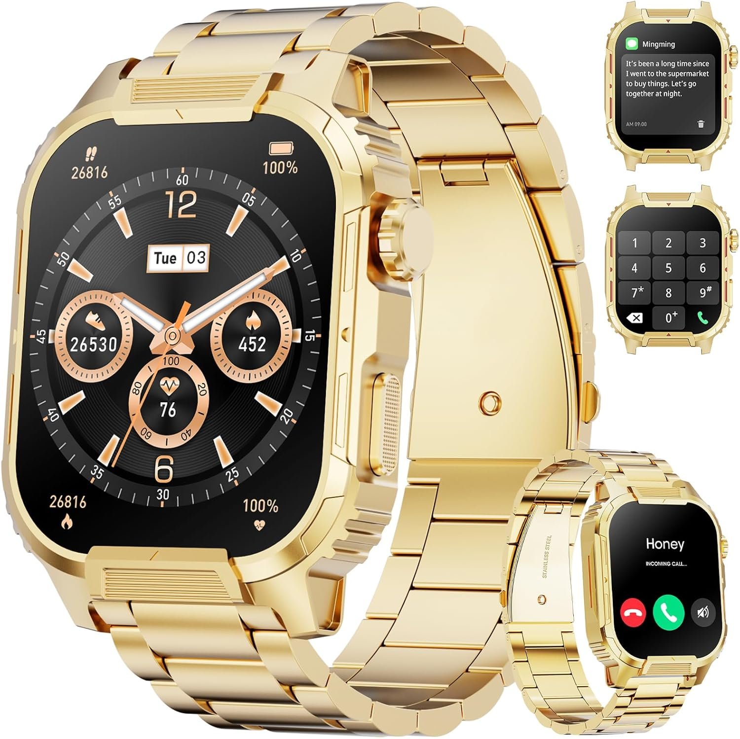 Smart Watch for Men, 2.02” HD Big Screen Rugged Smart Watch with Bluetooth Call Blood Oxygen Heart Rate Sleep Fitness Tracker, Built-in DIY Dial 123 Sport Modes Watch for Android IOS Gold Steel Strip