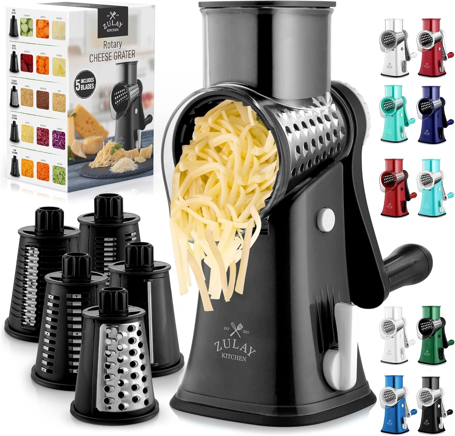 Zulay Rotary Cheese Grater 5 Blade Cheese Shredder – Manual Hand Crank Cheese Grater With Reinforced Suction & 5 Interchangeable Drums – Easy to Use, Vegetable Chopper Round Mandoline Slicer – Black