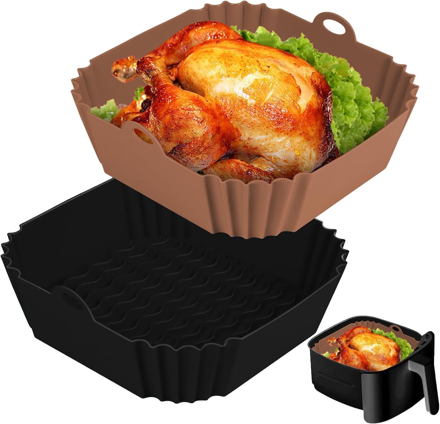 2 PCS Square Silicone Air Fryer Liners – 8 Inch Reusable Air Fryer Pot – Air Fryer Accessories – Air Fryer Inserts for 4 to 7 QT Oven Microwave Accessories (Black + Brown)