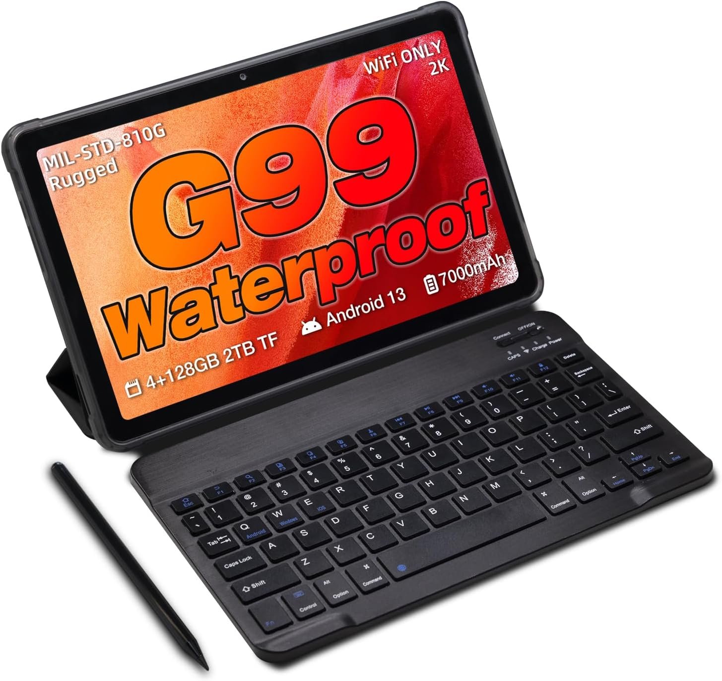 AGM PAD P1 Rugged & Waterproof Android 13 Tablet with Keyboard & Stylus, Drop-Proof/Dustproof, MTK G99 Chipset, 2K Display FHD+ IPS, Dual Box Stereo Speakers, 7000mAh, 4+128GB[TF 2TB], GPS, WiFi