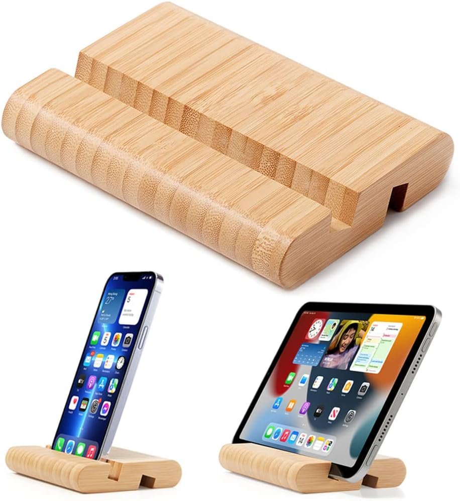 Bamboo Cell Phone Stand Wooden Tablet Stand for Desktop, Wood Cell Phone Holder Desk Tablet Holder Mobile Stand for iPhone iPad Tablets and All Phones (Large Size)