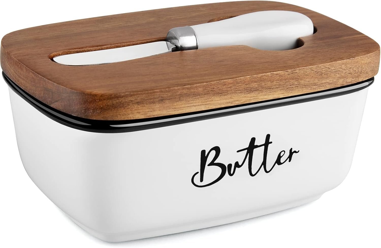 Butter Dish with Lid and Knife for Countertop, Airtight Butter Keeper for Counter or Fridge, Ceramic Butter Container with Thick Acacia Wood Lid, for Farmhouse Kitchen Decor and Accessories, White