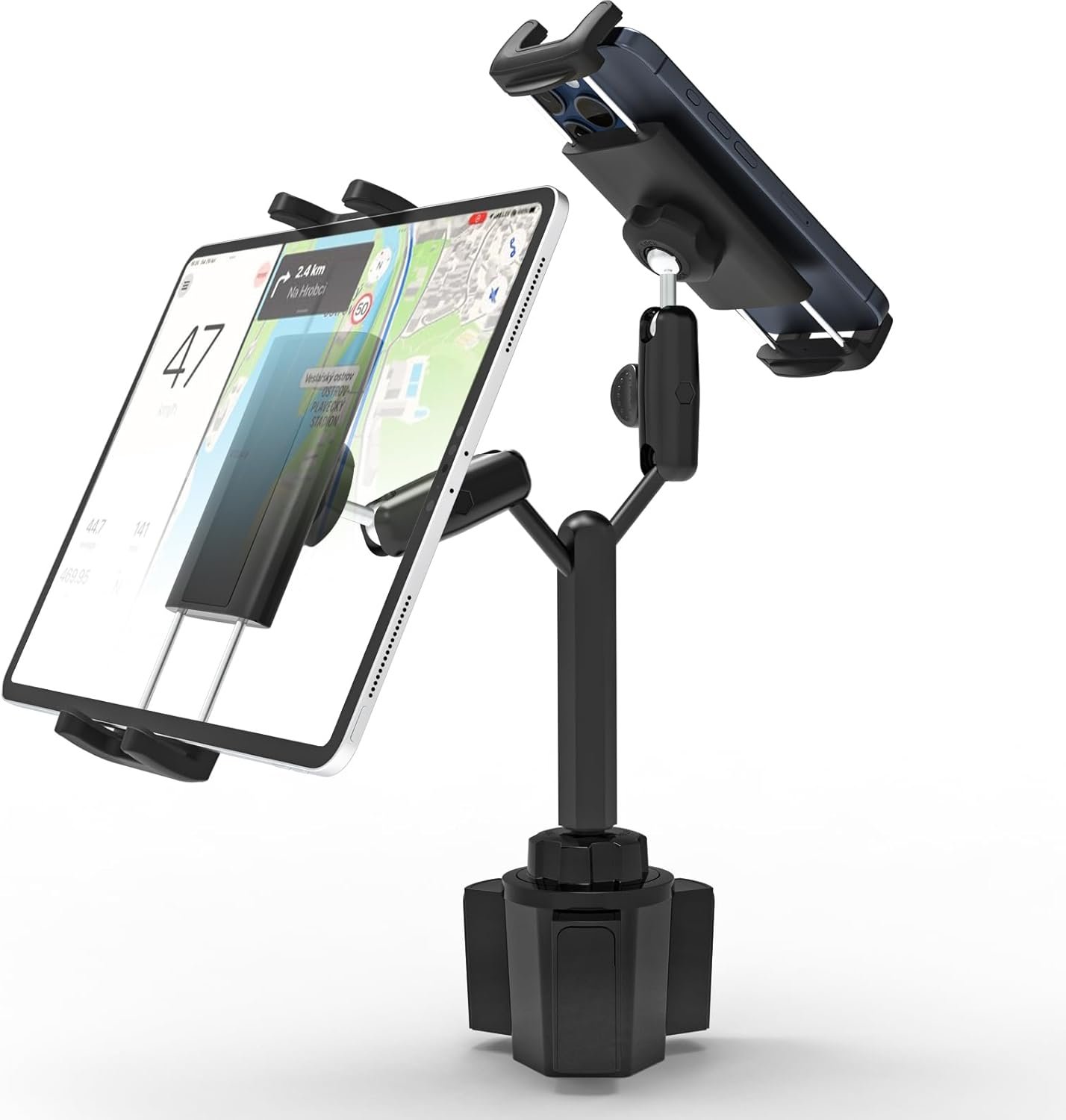 Car Tablet Mount Dual Metal Arm Tablet Holder, Rotation Cupholder Tablet & Phone Stand for iPad Pro Air Mini, iPhone 15/14/ 13/12 Max Pro, Fire HD and 4.7-12.9 inch Mobile Phone Tablet