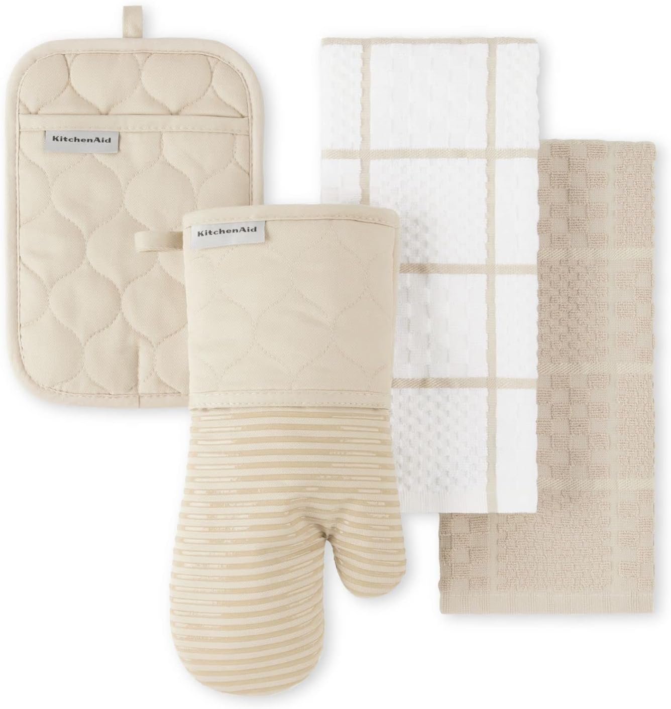 KITCHENAID Quilted Cotton Terry Cloth Oven Mitt, Pot Holder, Kitchen Towel 4-Pack Set, Heat Resistant, Silicone Grip, Gift Set, Milkshake, 16″x26″, 7″x13″ & 7″x10″