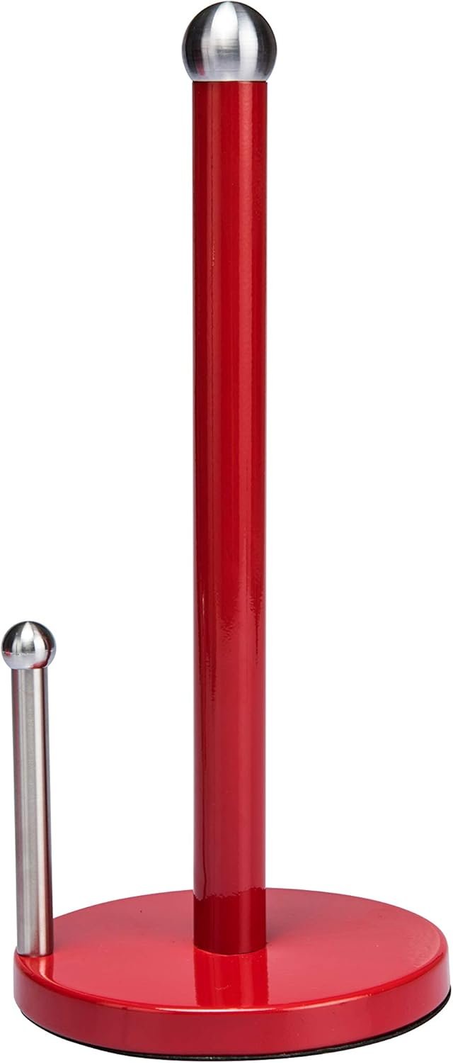 Kitchen Details Countertop Single Tear Paper Towel Holder, Free Standing, Weighted Bottom, Holds Large Rolls, Dispenser Bar Prevents Unraveling, Red