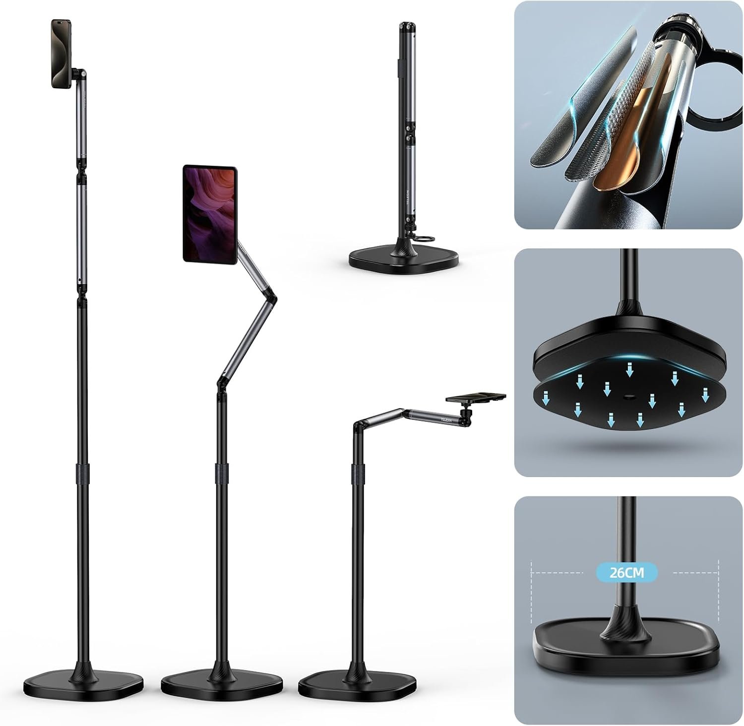 Magnetic Phone Tablet Floor Stand, Aluminum Alloy Phone Holder Stand for Video Recording, Overhead Bed/Sofa Phone Mount Height Adjustable Ultra Stable Base for Magsafe/iPhone/Android/iPad
