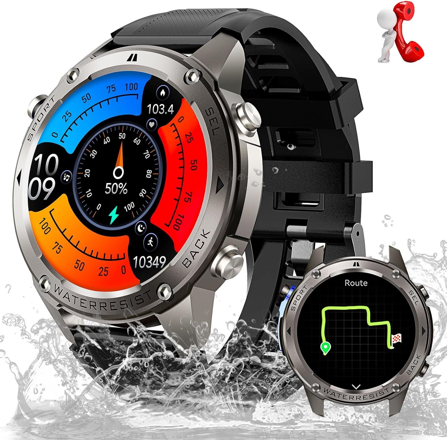 Military Smart Watch for Men with GPS 5ATM Waterproof 1.43” Rugged Tactical Smartwatch with Call Compass Altitude Air Pressure AMOLED Always On Display Watch with HR SPO2 Monitor for iPhone Android