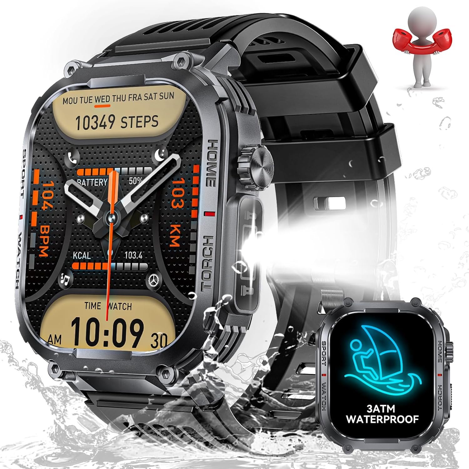 Military Smart Watch for Men with LED Flashlight 3ATM Waterproof 2.02″ Big Screen Rugged Tactical Smartwatch with Call Compass Sports Fitness Tracker with Heart Rate Sleep Monitor for iPhone Android