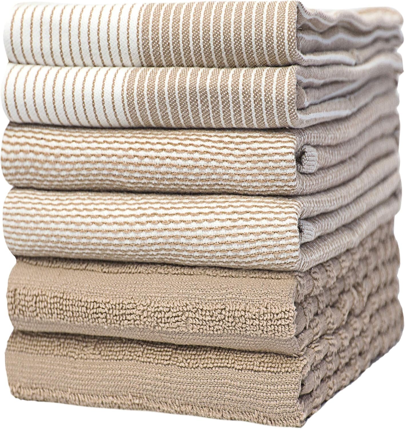 Premium Dish Towels (20”x 28”, 6 Pack) | Large Cotton Kitchen Hand Towels | | Flat & Terry Highly Absorbent Tea Towels Set with Hanging Loop | Tan