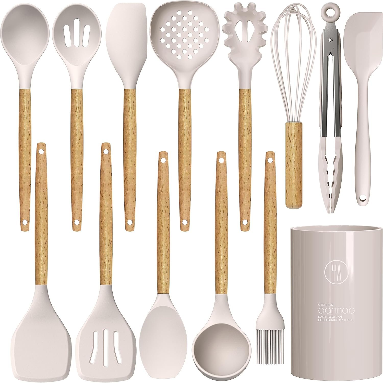 Silicone Cooking Utensils Set – 446°F Heat Resistant Silicone Kitchen Utensils for Cooking,Kitchen Utensil Spatula Set w Wooden Handles and Holder, BPA FREE Gadgets for Non-Stick Cookware (Khaki)
