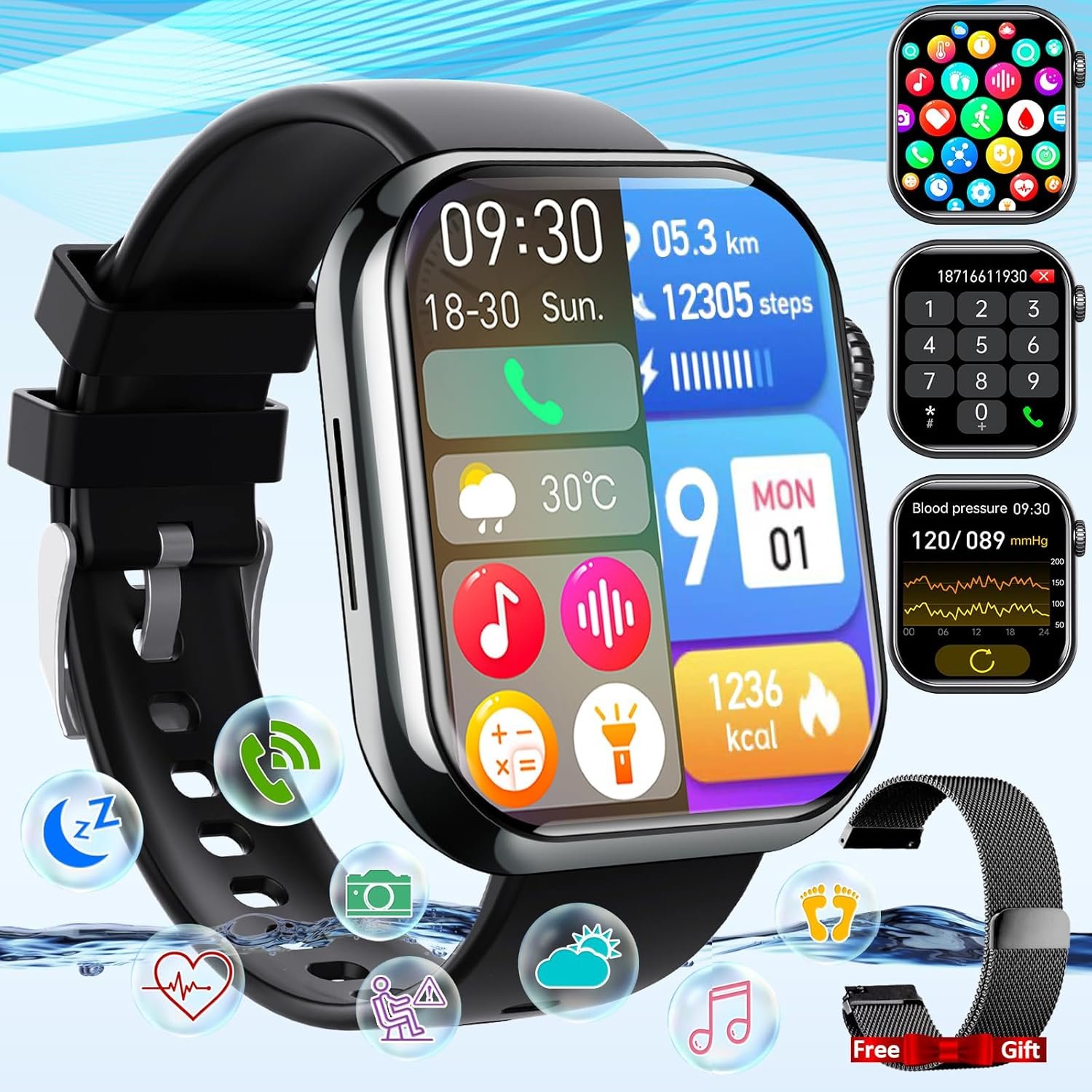 Smart Watch for Men Women, 1.88″ Smartwatch with Blood Pressure Monitor Heart Rate Monitor Body Temperature Bluetooth Watch (Make/Answer Call), IP67 Waterproof Smart Watch for Android iOS Phones Black