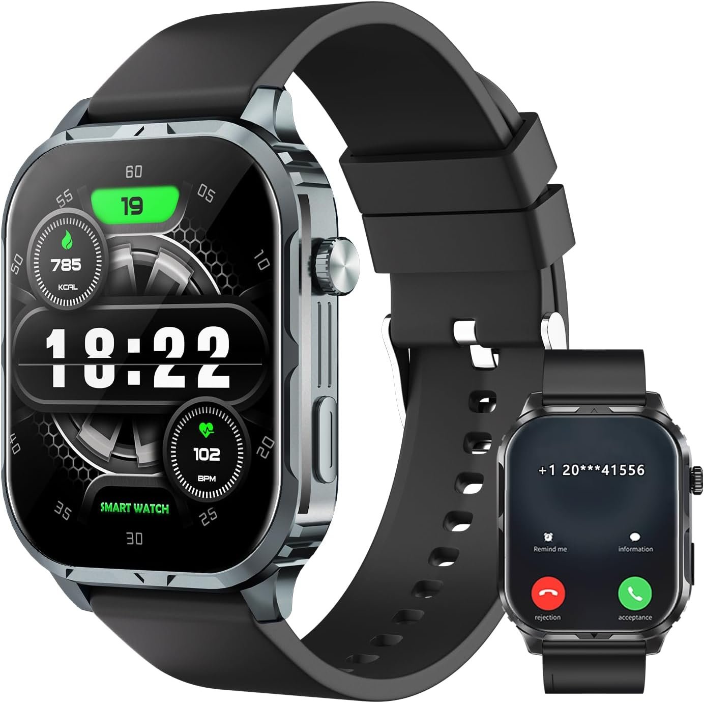 Smart Watch for Men Women with 2.1″ HD Screen Military Watches, Call & Text for Android iOS, Heart Rate & Activity Tracker, IP68 Waterproof, 100 Sport Modes (S200)