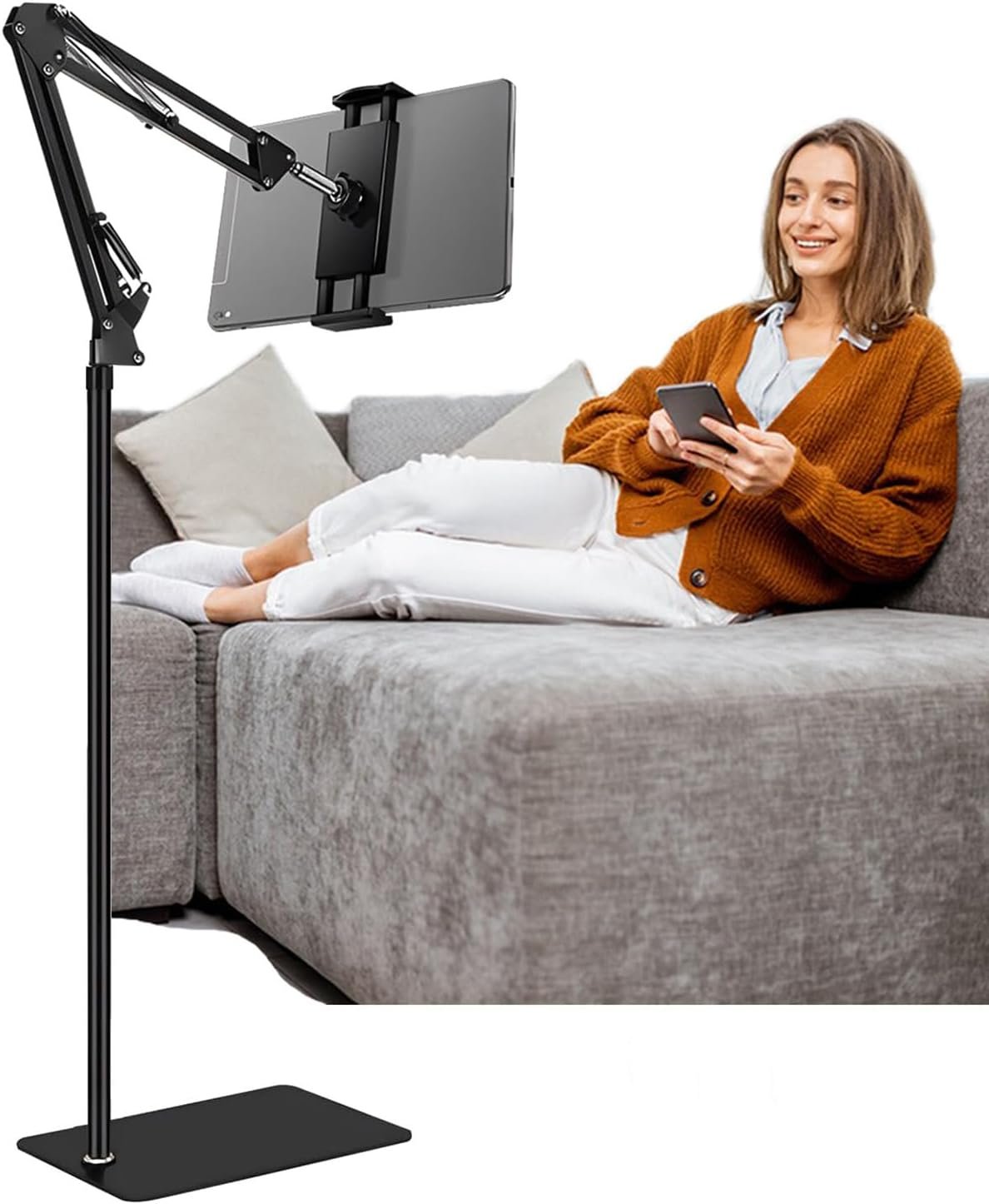 iPad Tablet Floor Stand, Overhead Phone Mount – Adjustable Angle Height Stretchable Arm Swivel Kindle Holder, Compatible with iPad Mini Air Pro Kindle Switch Cell Phones 4.7”-13” Screen Devices