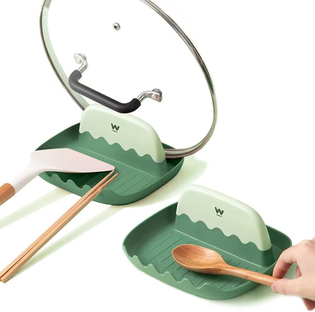 2 Pack Lid and Spoon Rest for Kitchen Counter, Cooking Ladle/Spatula/Spoon Holder for Stove Top, Utensil Rest with Pot Lid Holder for Countertop, Multifunction Kitchen Gadget Rack, Cooking Accessories