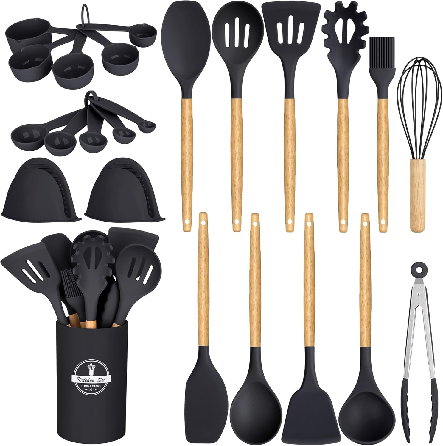 24 Pcs Kitchen Cooking Utensils Set,446°F Heat Resistant Non-Stick Silicone Kitchen Utensil Set With Wooden Handles and Holder,Kitchen Gadgets for Cookware,Kitchen Accessories,Black