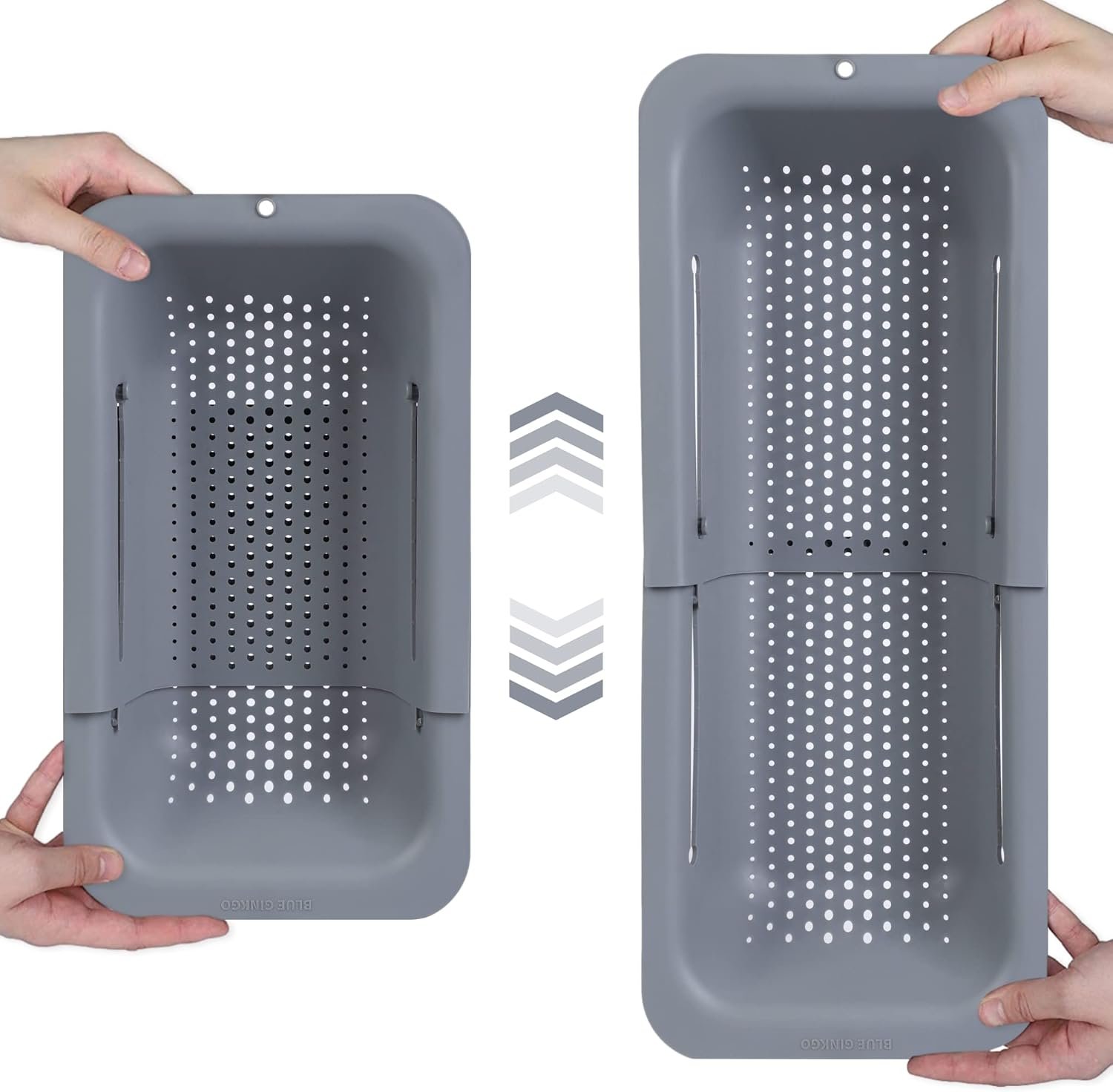 BLUE GINKGO Over the Sink Colander Strainer Basket – Wash Vegetables and Fruits, Drain Cooked Pasta and Dry Dishes – Extendable – New Home Kitchen Essentials (7.9W x 14-19L x 2.75H) – Gray