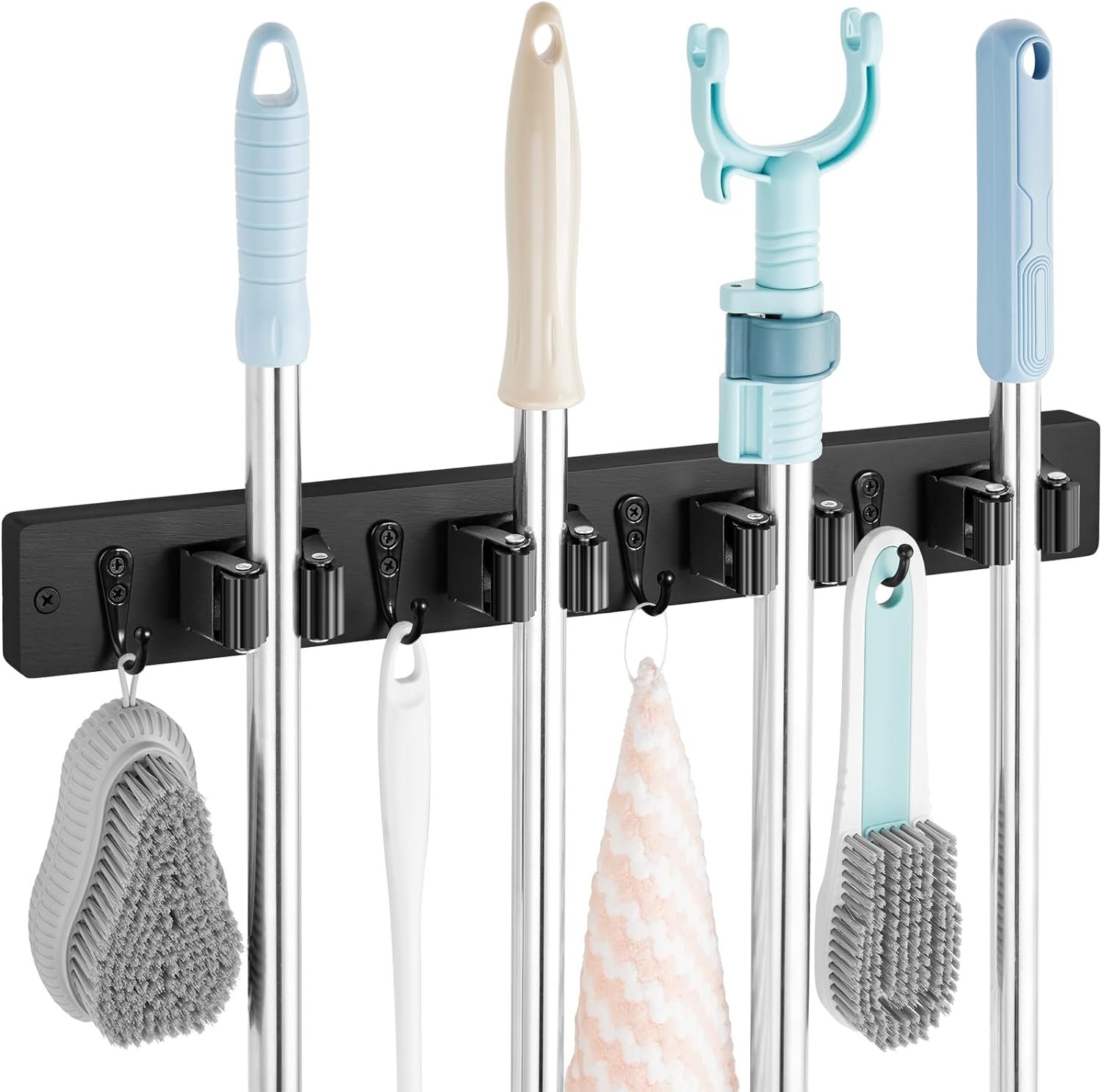 Black Mop Broom Holder Wall Mount with 4 Slots & 4 Hooks – Rustic Wood Broom Mop Hanger for Pantry Closet Laundry Room Organization – Heavy Duty Garden Tool Organizer – Black Kitchen Decor