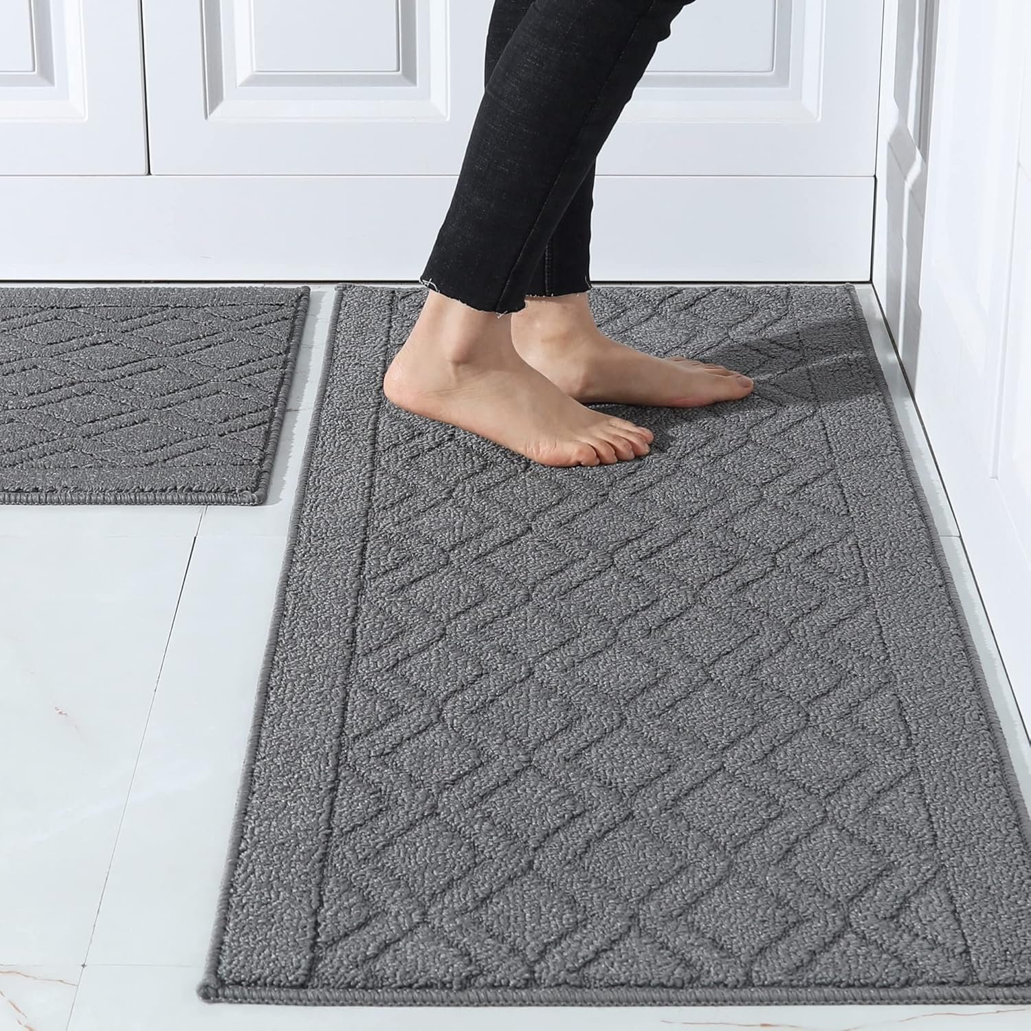 COSY HOMEER 48×20 Inch/30X20 Inch Kitchen Rug Mats Made of 100% Polypropylene 2 Pieces Soft Kitchen Mat Specialized in Anti Slippery and Machine Washable (Grey)