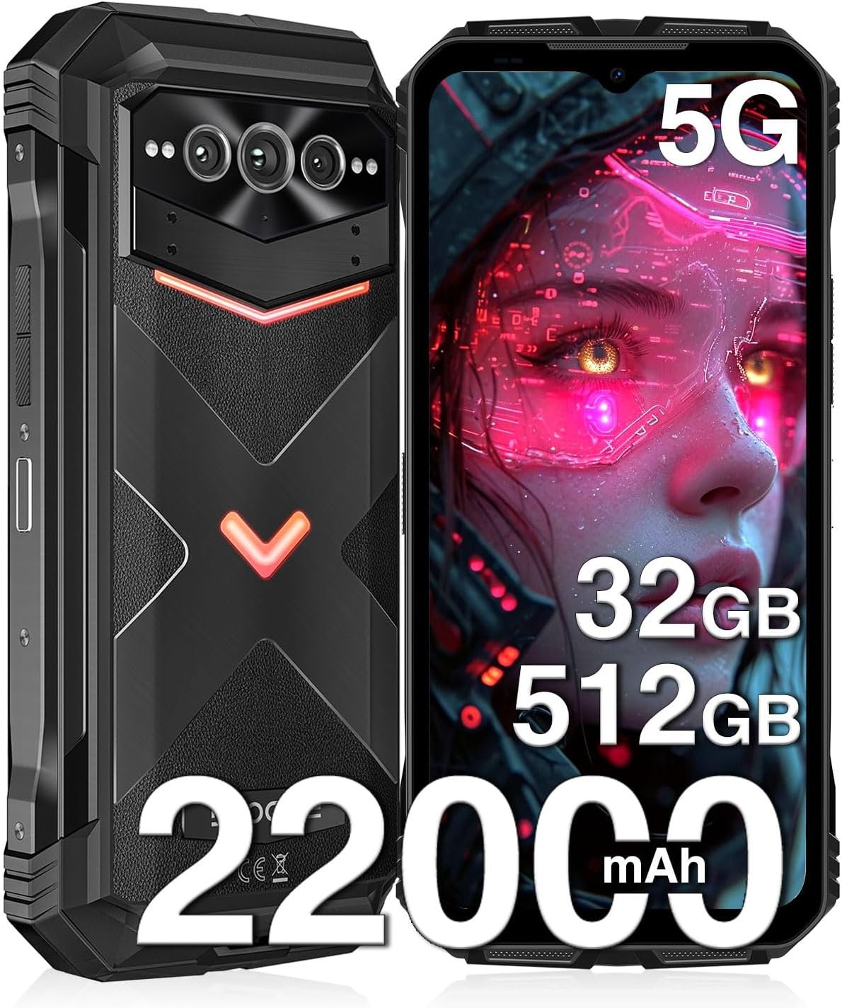 DOOGEE V Max Pro 5G Rugged Smartphone,22000mAh 32GB+512GB/TF 2TB Rugged Phone Unlocked Android 14,108MP+20MP Rugged Cell Phone,6.58″ FHD+120Hz IPS Screen,IP68/IP69K Waterproof Phone,NFC/Face ID/WIFi 6