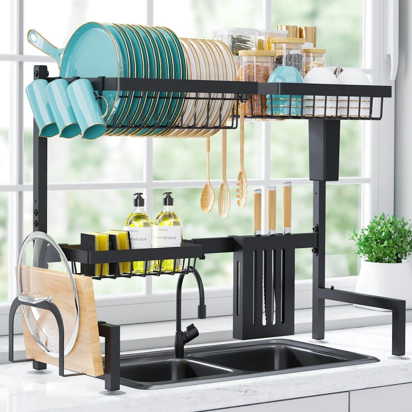 Dish Drying Rack – Large Over The Sink Dish Drainer Drying Rack (30.0″ to 33.9″ W), Large Capacity Stainless Steel Dish Rack, Multifunctional Kitchen Organizers and Storage Rack, Black