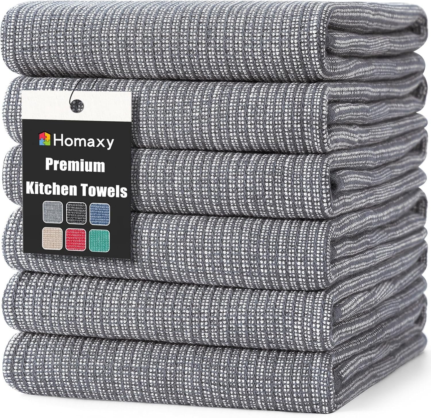 Homaxy Premium Kitchen Towels(18”x 28”, 6 Pack), Large Cotton Kitchen Hand Towels, Flat and Terry Dish Towels, 380 GSM Highly Absorbent Tea Towels Set with Hanging Loop, Grey