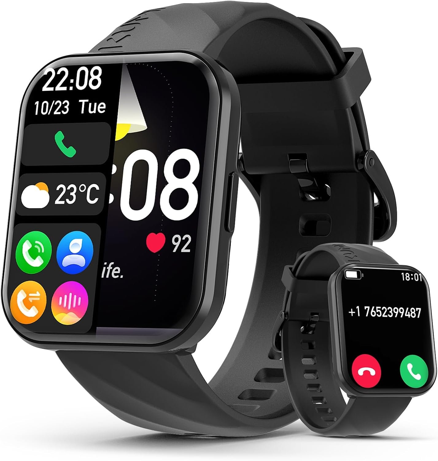 Kumi Smart Watch for Men Women, 1.96″ Smartwatch for Android iOS (Answer/Make Call), Heart Rate/SpO2/Sleep Monitor, Fitness Activity Trackers with 100+ Sport Modes, IP68 Waterproof, Black