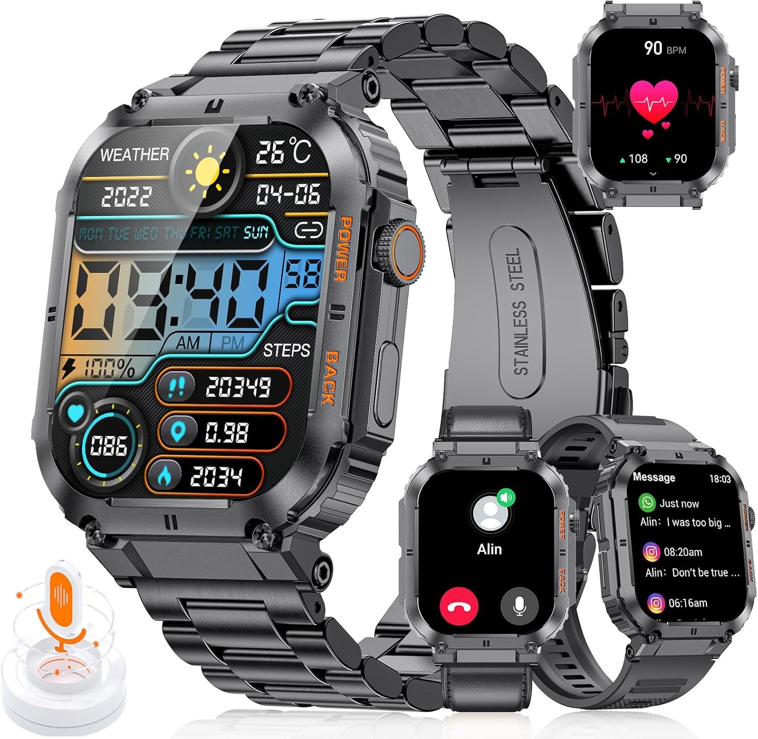 LIGE Military Smart Watch for Men (3 Straps), Fitness Tracker with 100+Sports/Heart Rate/Sleep/5 ATM, 1.96″ Tactical Smart Watches, Mens Smart Watch Make/Answer Call, Compatible Android iPhone