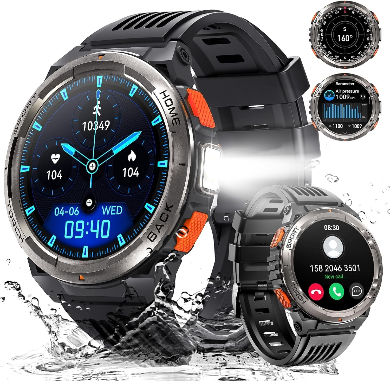 Military Smart Watches for Men with LED Flashlight, Tactical Rugged Smart watch with 1.45″ HD, 3ATM Waterproof & Compass, Sports Fitness Tracker with Heart rate/SPO2/Sleep Monitor for iPhone Android