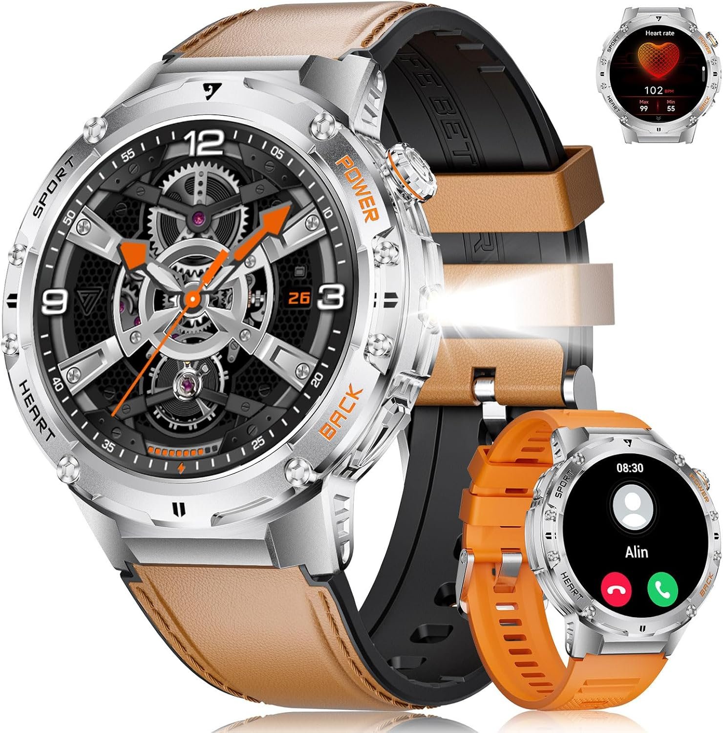 Military Smart Watches for Men(Answer/Make Calls) with LED Flashlight,530mAh Large Battery,1.43’’ AMOLED,5ATM Waterproof Smartwatch for Android iOS,130+Sport Modes Heart Rate/Sleep Monitor Leather