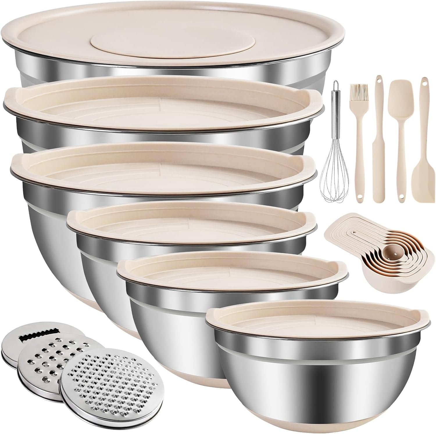 Mixing Bowls with Airtight Lids Set, 20 PCS Kitchen Gadgets Set, 6 Stainless Steel Bowls, 3 Grater Attachments, Non-Slip Silicone Bottoms, Great for Serving&Baking, Size 5, 4, 3.5, 2.1, 1.5, 1.1QT