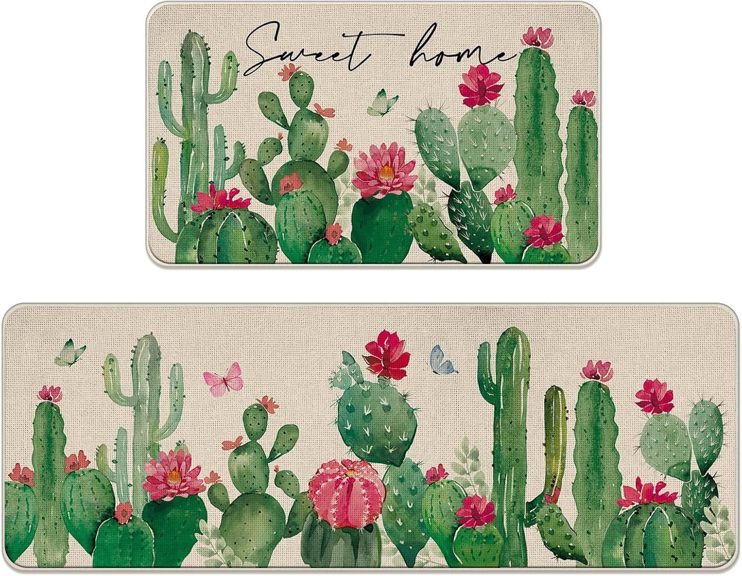 Spring Summer Cactus Kitchen Rugs Set of 2, Sweet Home Green Succulents Plant Red Flower Butterfly Kitchen Mats Decor, Seasonal Floor Door Mat Home Decorations -17×29 and 17×47 Inch
