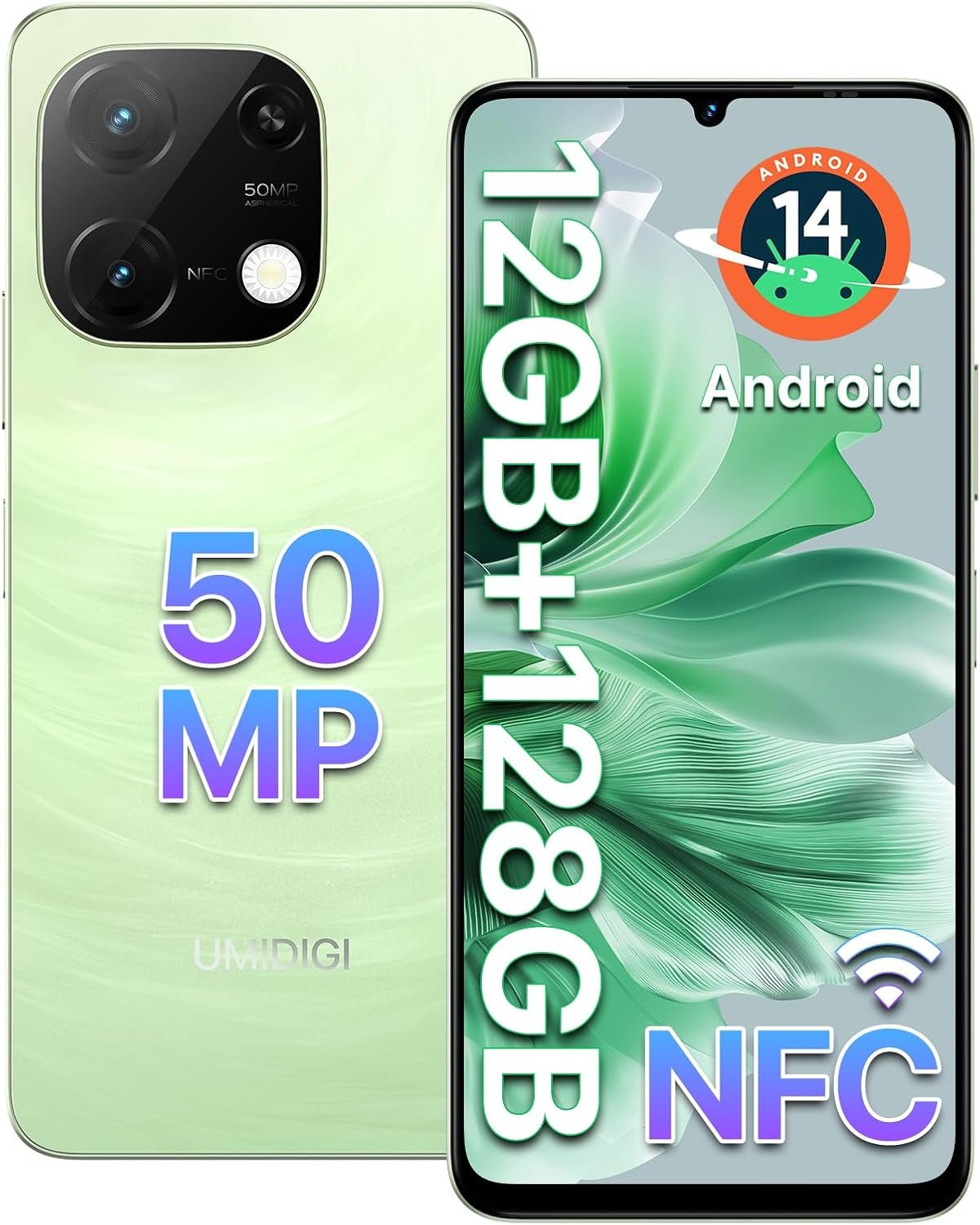 UMIDIGI G9C Android 14 Unlocked Cellphone,Octa-core 12GB +128GB Expand 1TB Unlocked Smartphone,6.75″ HD+ 90Hz,5000mAh Battery,50MP Camera,Wi-Fi 2.4G/5G,GPS,BT 5.4,NFC,AI Face Unlock,Warranty,Green