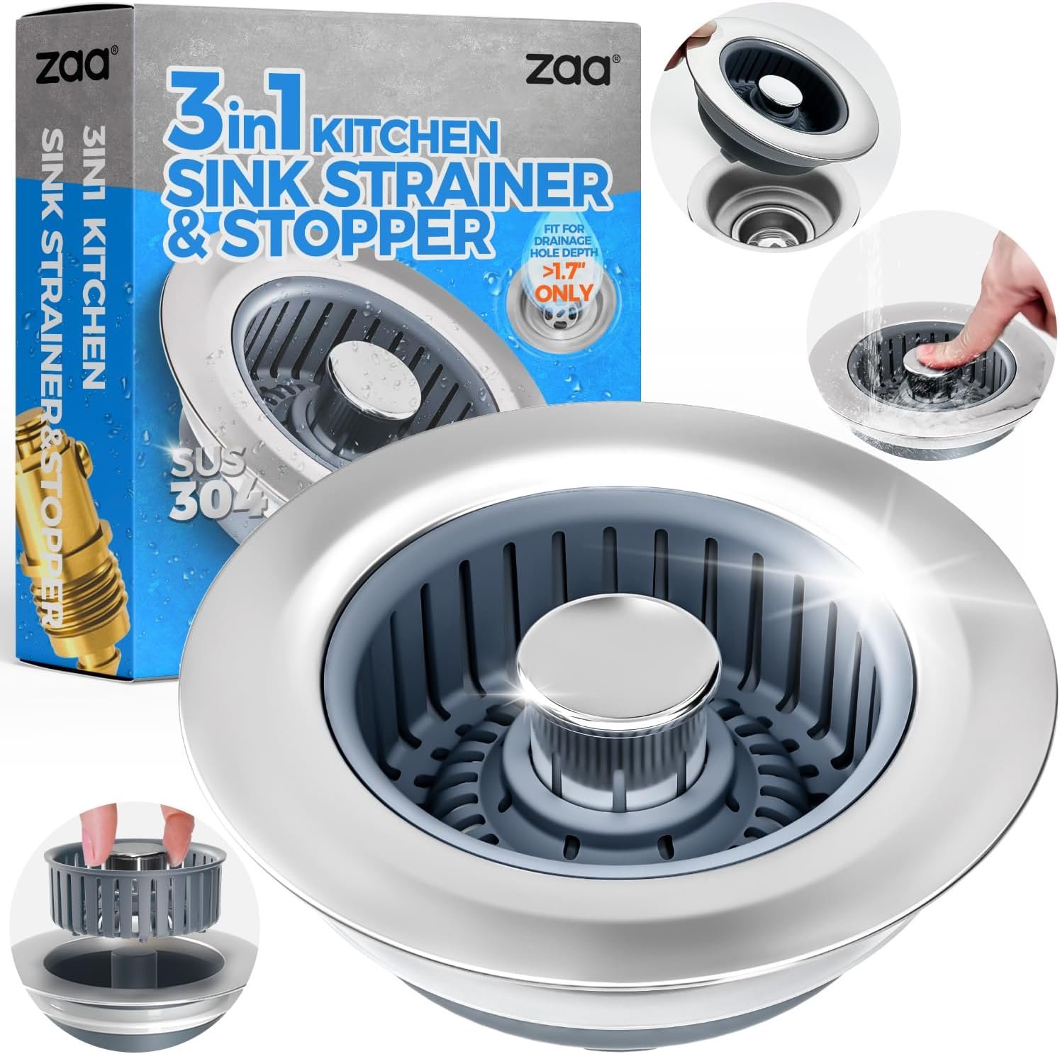 Upgraded 3in1 Kitchen Sink Drain Strainer & Sink Stopper, Stainless Steel Kitchen Drain Plug & Cover with Anti-Clogging Basket Strainer, Fit US Standard 3-1/2” Sink Drain Hole, Silver