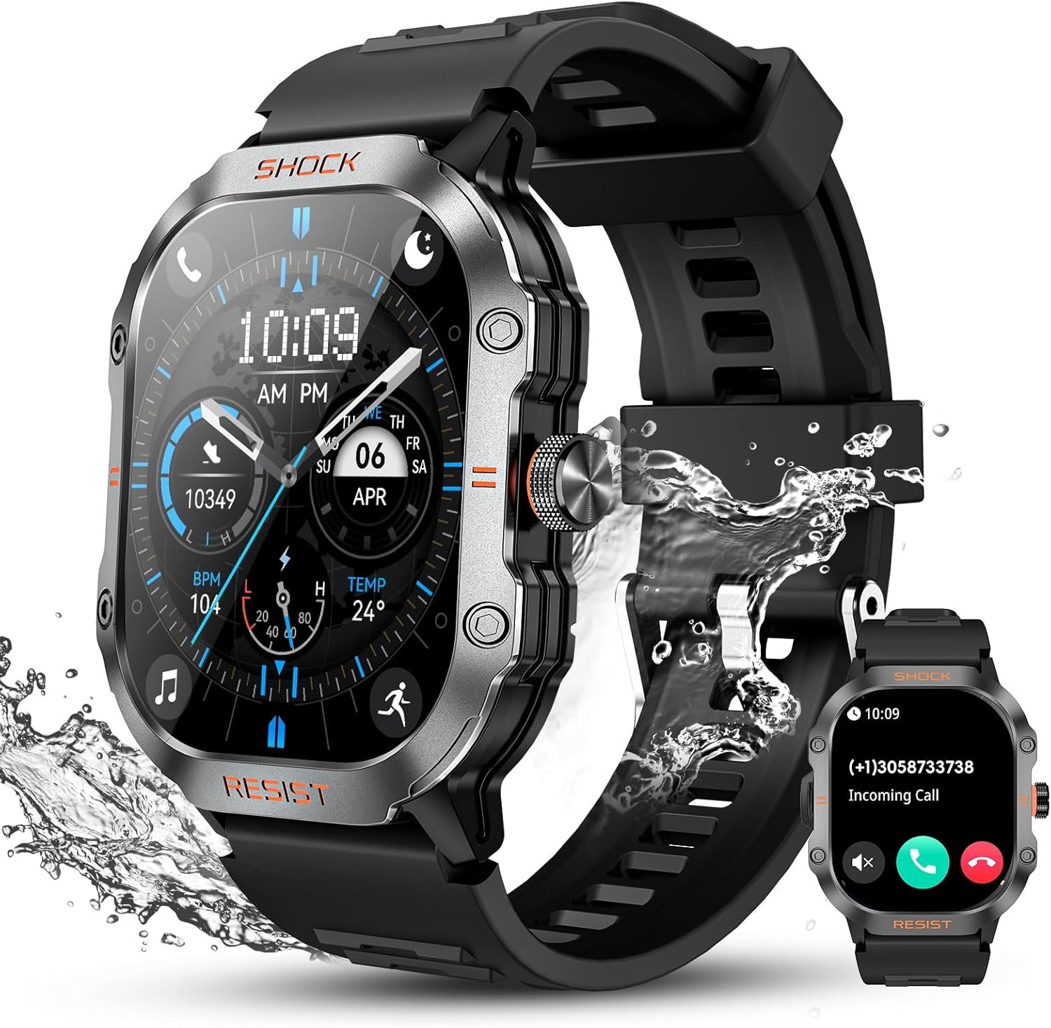 WalkerFit Rugged Smart Watch for Men- Answer/Dial Calls,Waterproof Fitness Watch with Health Monitor, Sport Tracker, Military Smartwatch for iPhone/Android, 2.01″ AMOLED Always-on Display, Pure Black