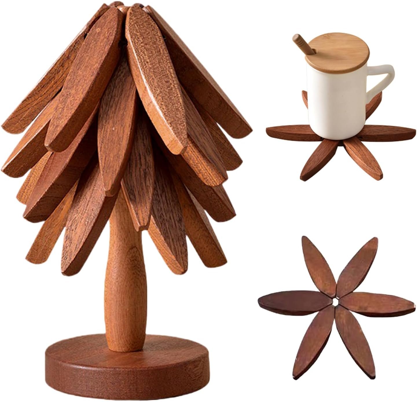 Wooden Trivets for Hot Dishes,Tree Shape Trivet Set,4 Wooden Trivets+1 Stand,Trivets for Hot Dishes,Natural Foldable Kitchen Wooden Trivet,for Hot Dishes、Pot、Bowl、Teapot、Hot Pot Holders(Black Walnut)