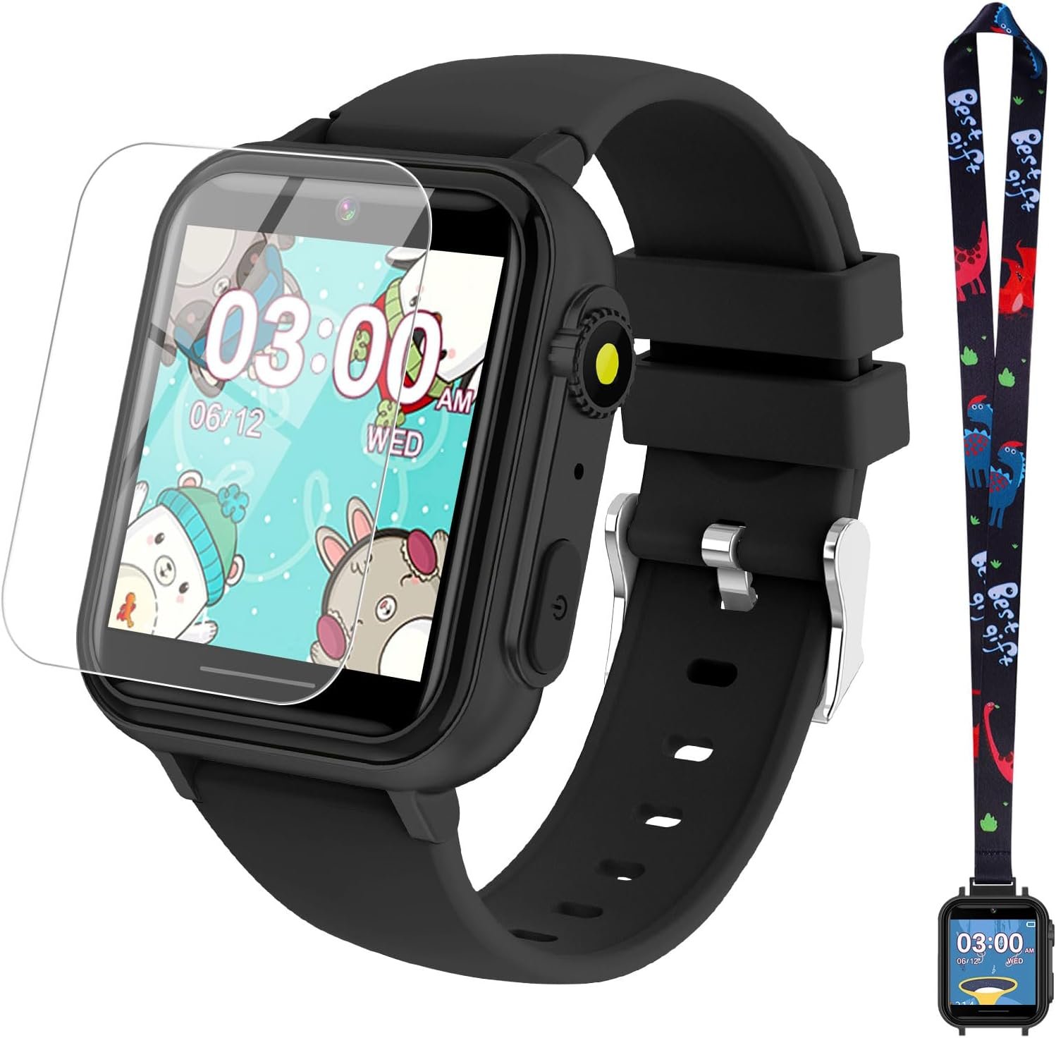 cjc Smart Watch for Kids Gift for Girls Ages 4-12 – Includes Screen Protector, 30+ Games, 140 Learning Cards, HD Touch Screen, Camera, Music, Pedometer – Fun & Educational Birthday Gift Idea (Black)