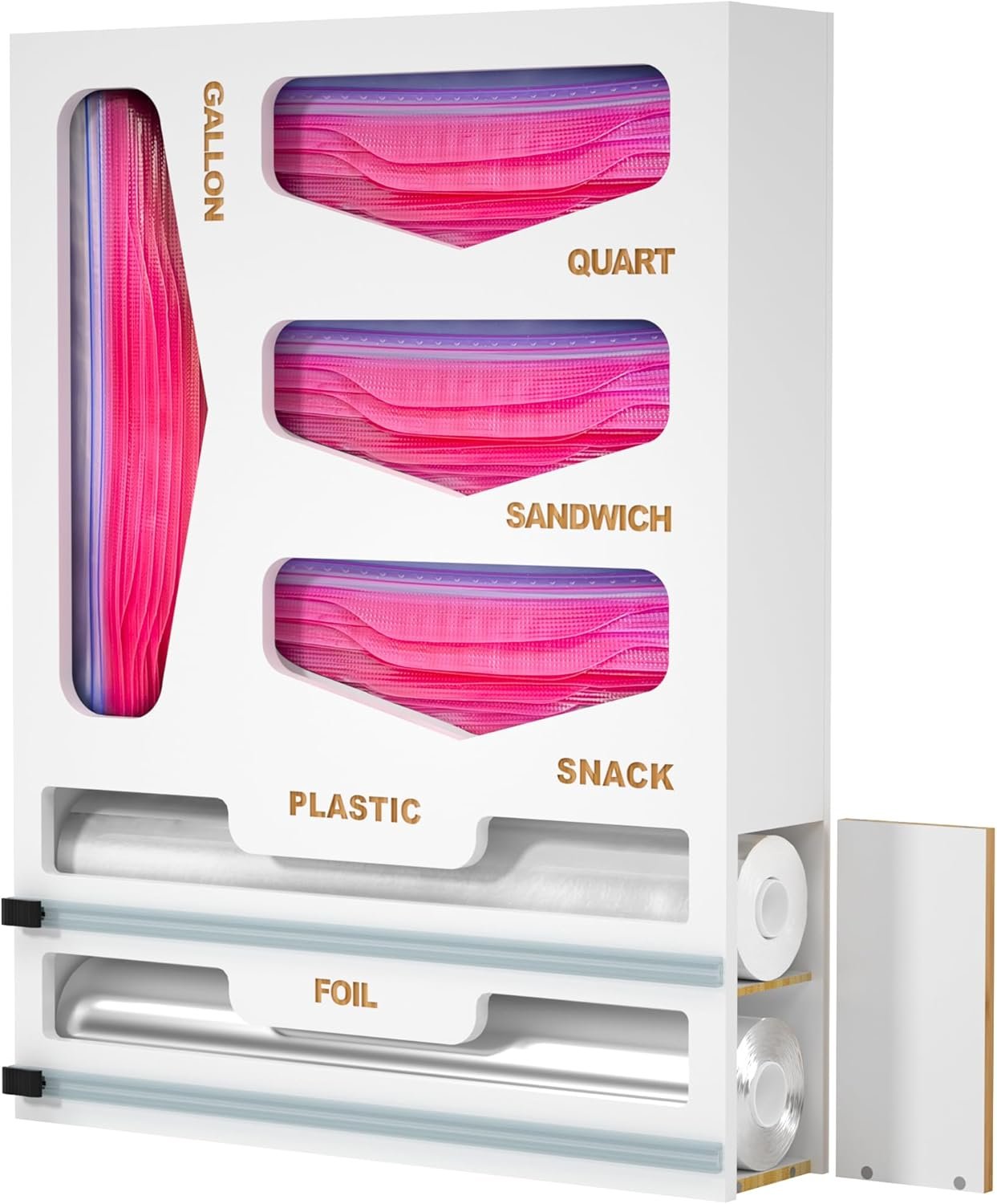 6 in 1 Bag Organizer and Wrap Dispenser with Magnetic Lid – Plastic Wrap Dispenser with Cutter for Kitchen Drawer, Storage for Gallon, Quart, Sandwich, Snack Bags, and Foil White