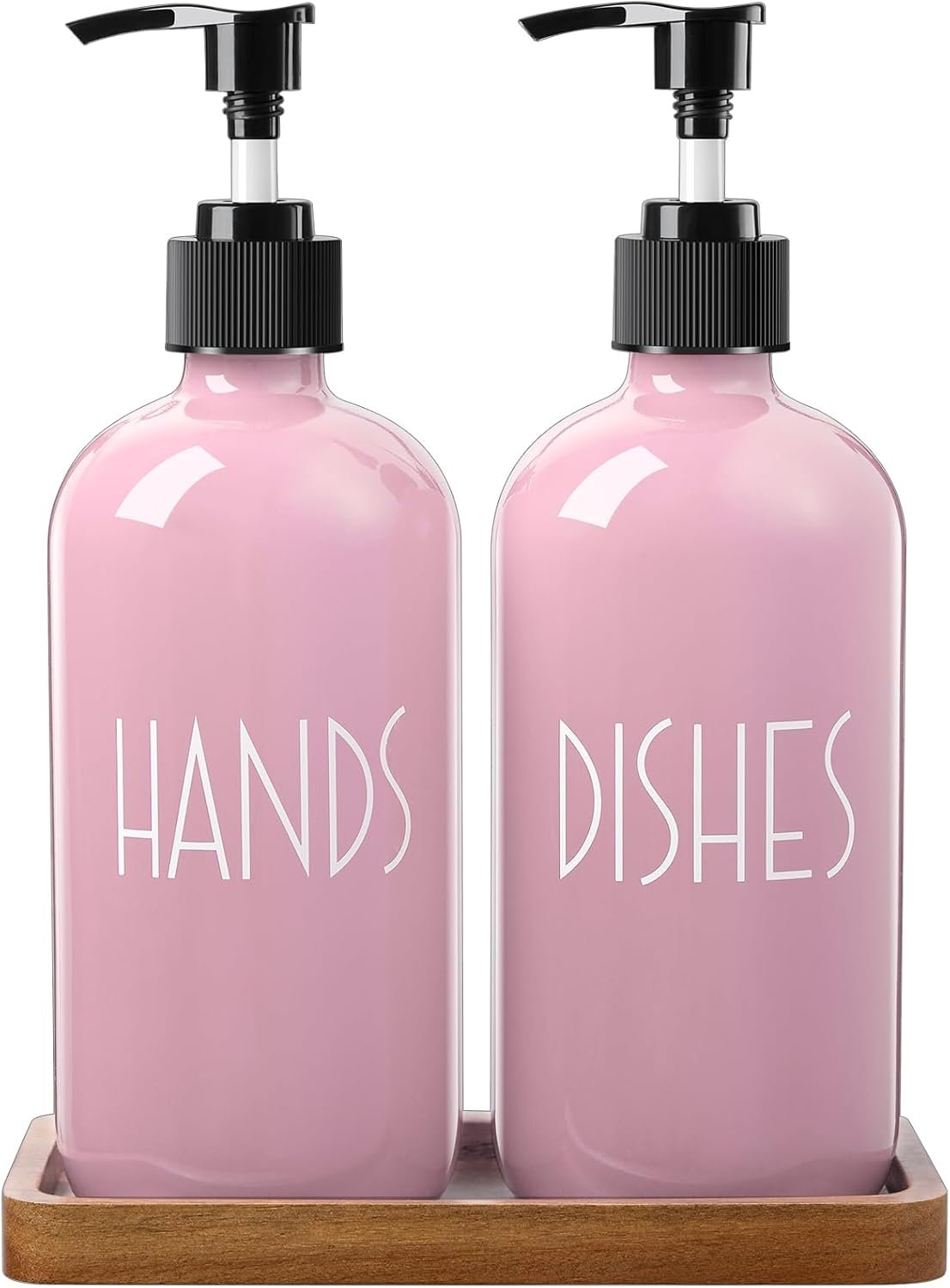 ALELION Dish Soap Dispenser for Kitchen – 16 OZ Glass Hand Soap Dispenser Set with Acacia Wood Tray – Pink Kitchen Bathroom Decor and Accessories
