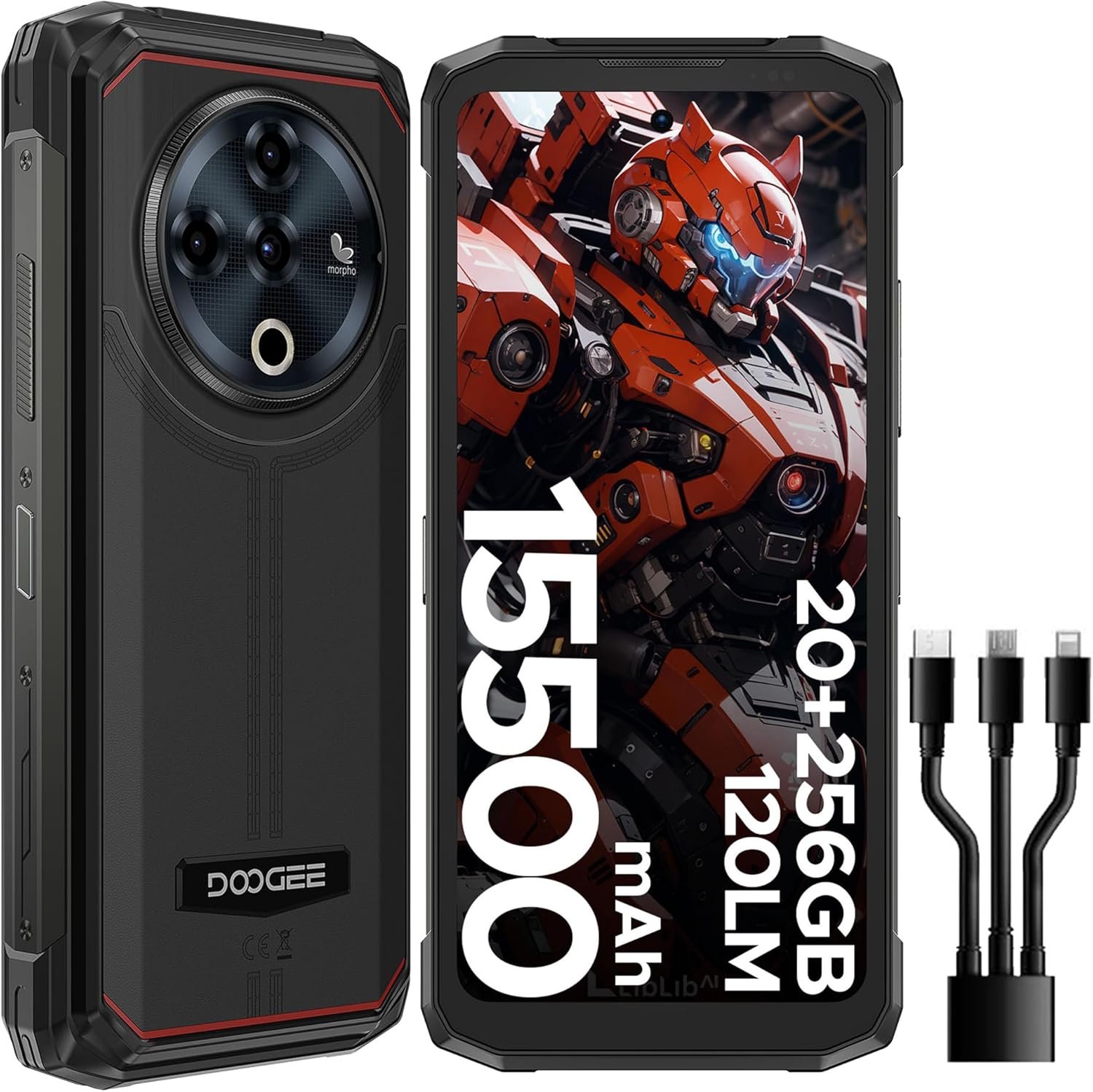 DOOGEE Fire 6 Power(2024)Rugged Phone,120LM Flashlight,15500mAh/33W Fast Rugged Smartphone, 256GB/TF 2TB,50MP,Android 14 Phone with 3-in-1 Reverse Charging, 6.56″ HD+ 90Hz Cell Phones,Dual SIM/NFC/OTG