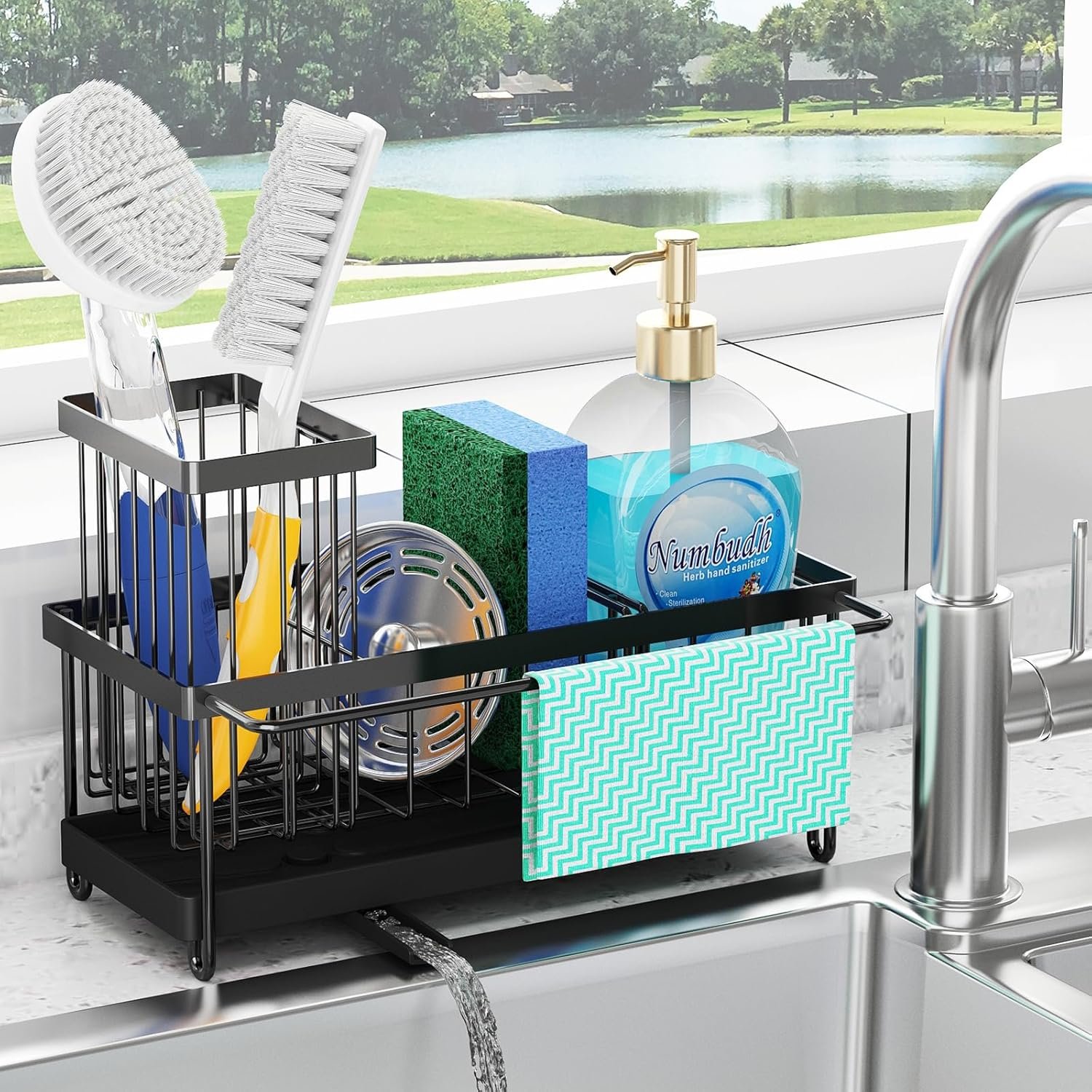 Godboat Sponge Holder for Kitchen Sink – Kitchen Sink Organizer with Brush Holder, 201 Stainless Steel, Sink Caddy with Auto-Drain, 360° Swivel Spout, Cool Gadgets for Apartment, Farmhouse and RV